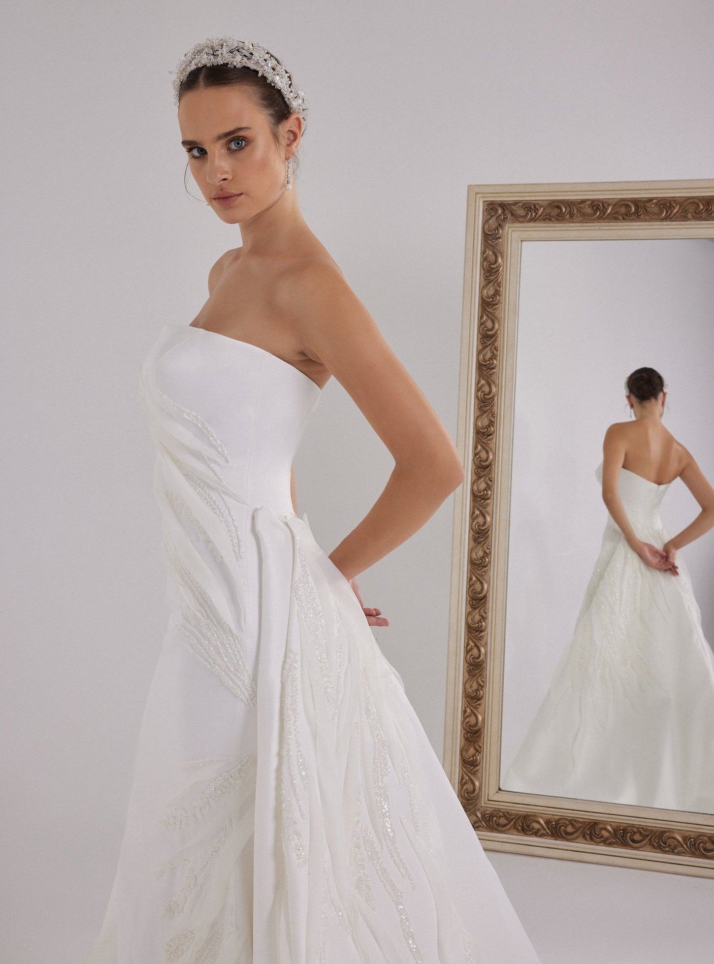 White Satin Wedding Dress With Asymmetrical Organza Design