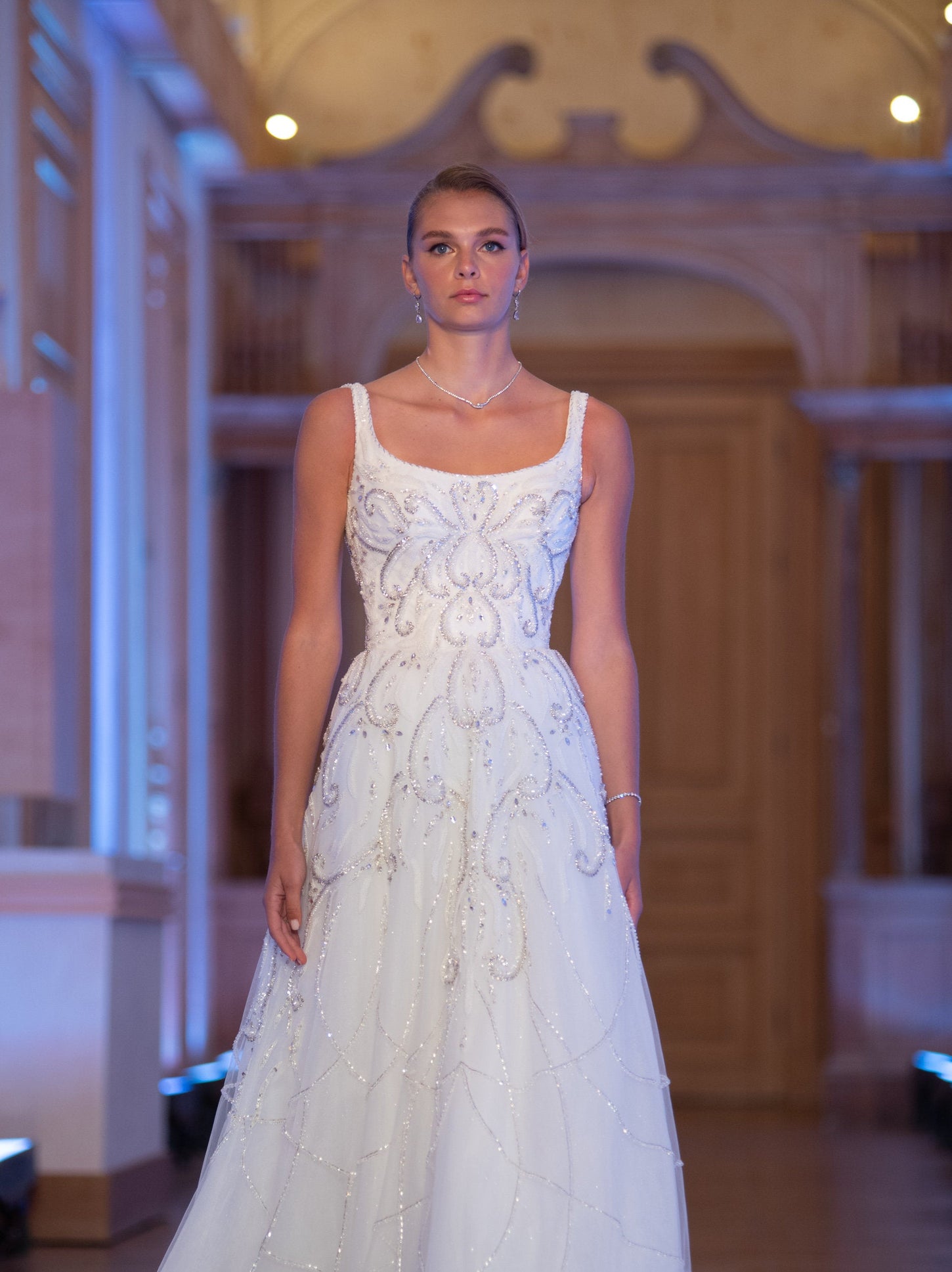 Chic Simplicity: Round Neck Bridal Dress with Crystals