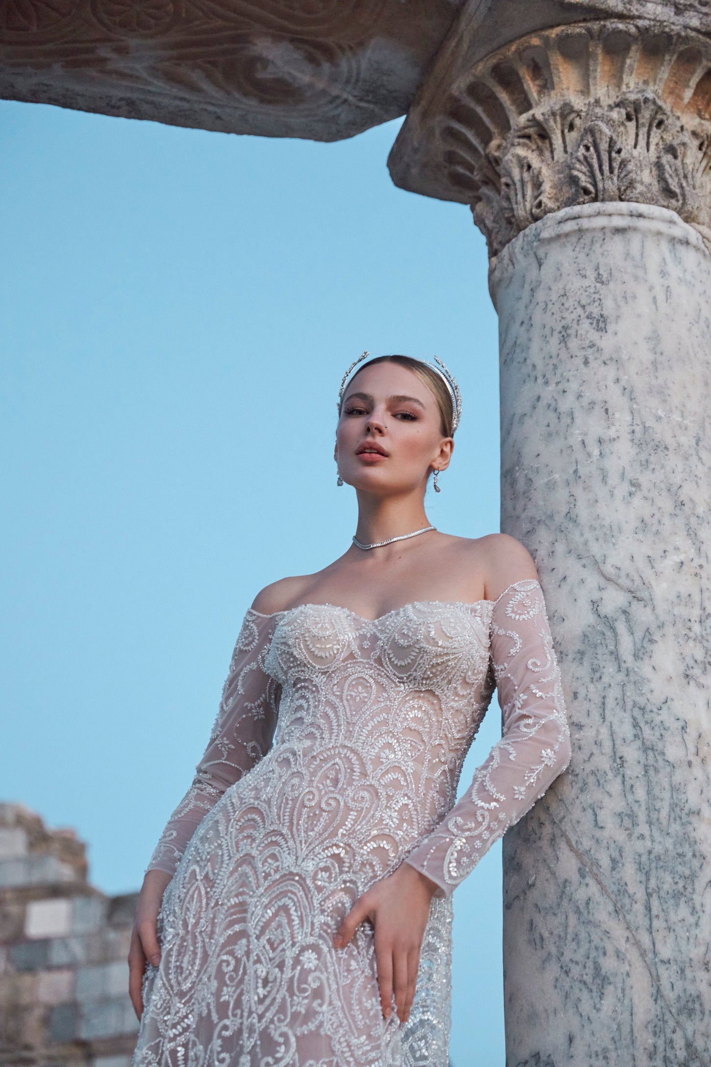 Ephemeral Grace: Hand-Embellished Nude Tulle Gown of Intrigue