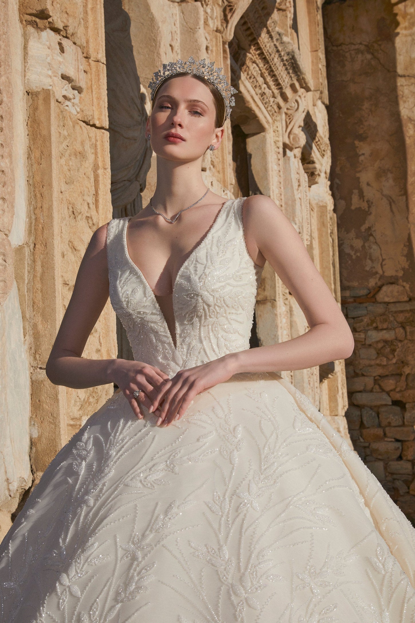 Blossom Beauty: Floral Bridal Dress with Plunging Neckline