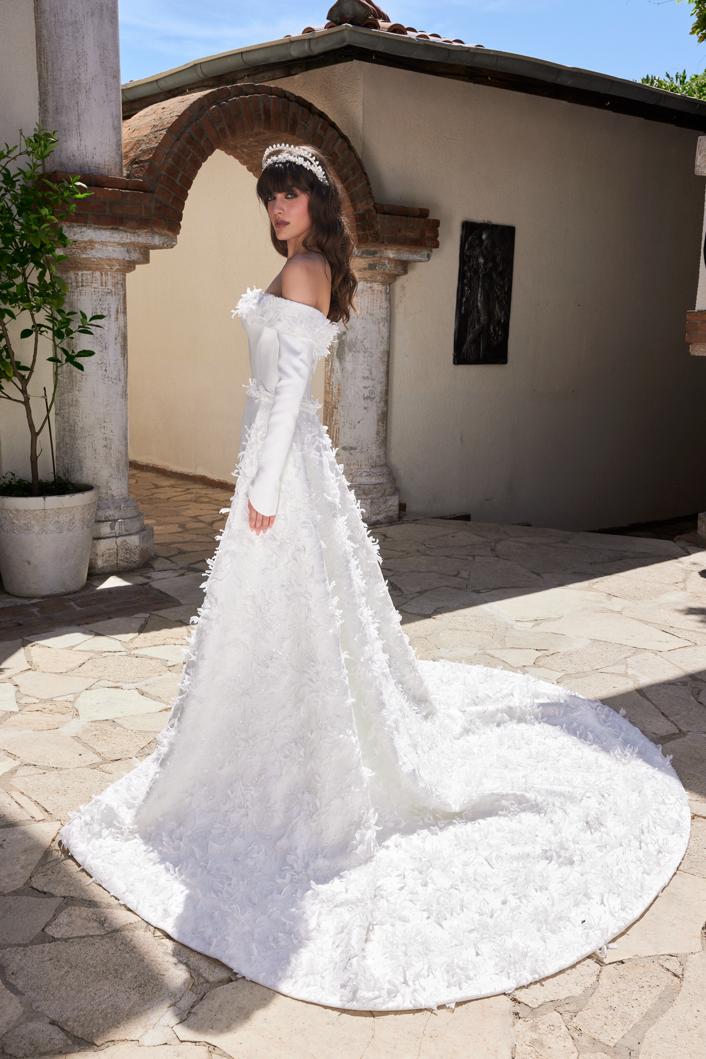 Elegant Off-the-Shoulder Ball Gown with Detachable Train