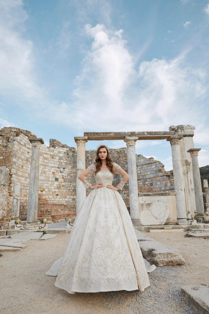 Mesmerize in Beige: Princess Bridal Dress with Intricate Embroidery