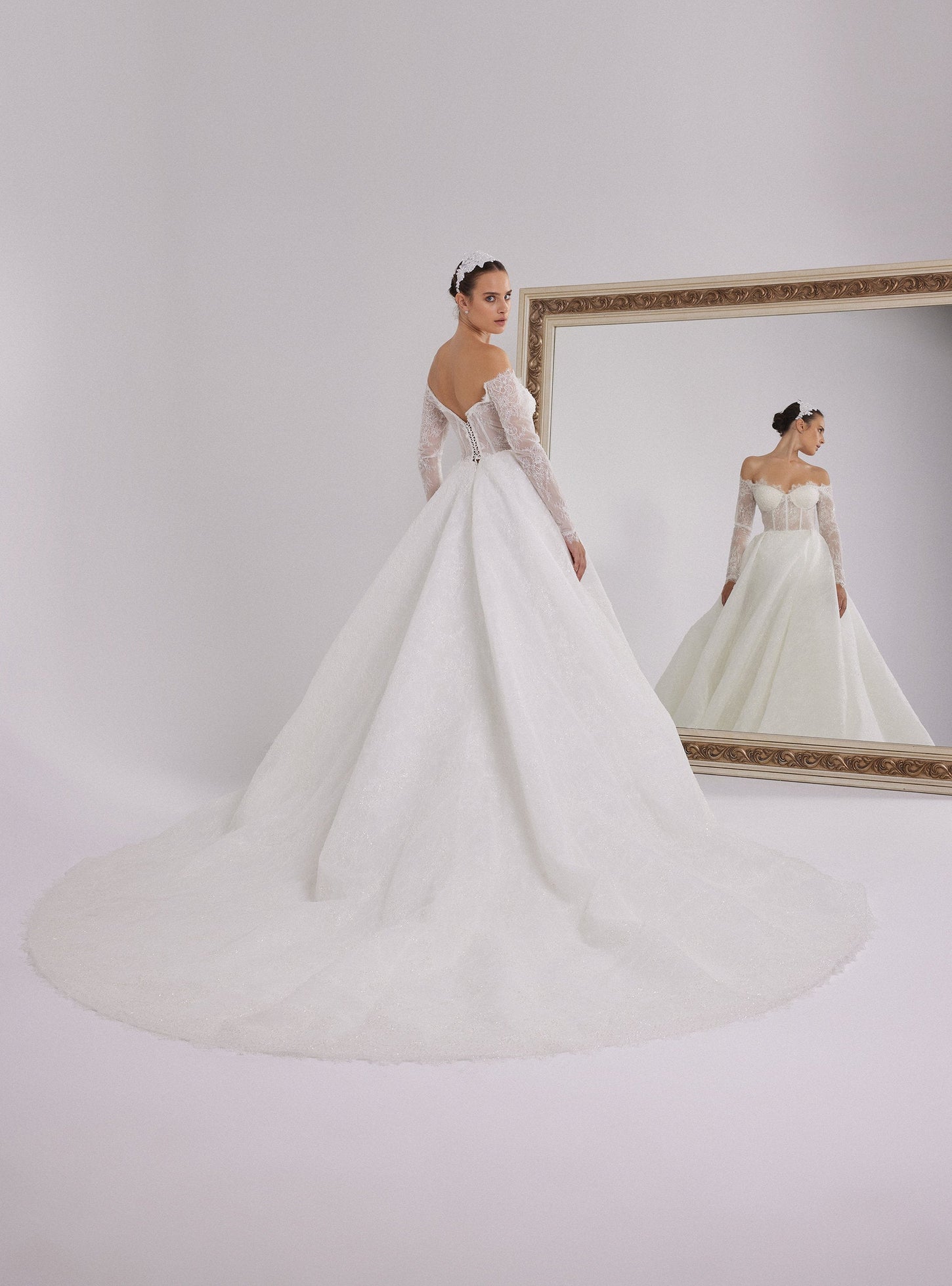 French Lace Designed White Ball Gown with Long Sleeves