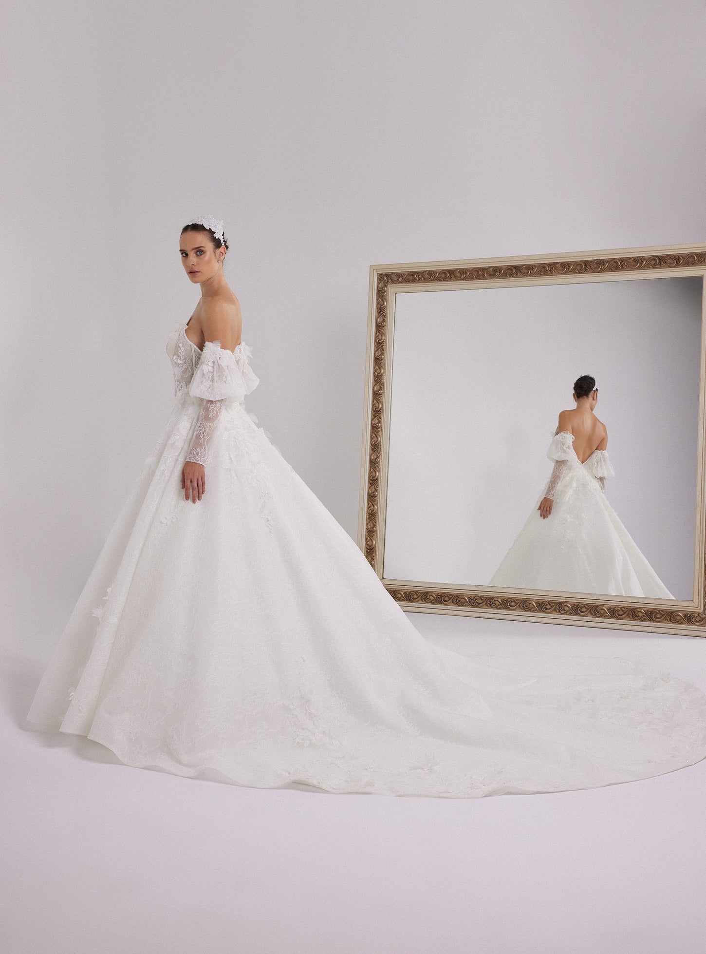 Romantic French Lace and 3D Organza Floral Princess Wedding Dress