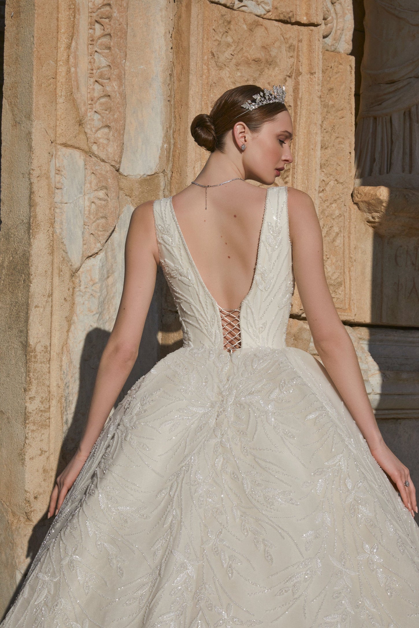 Blossom Beauty: Floral Bridal Dress with Plunging Neckline