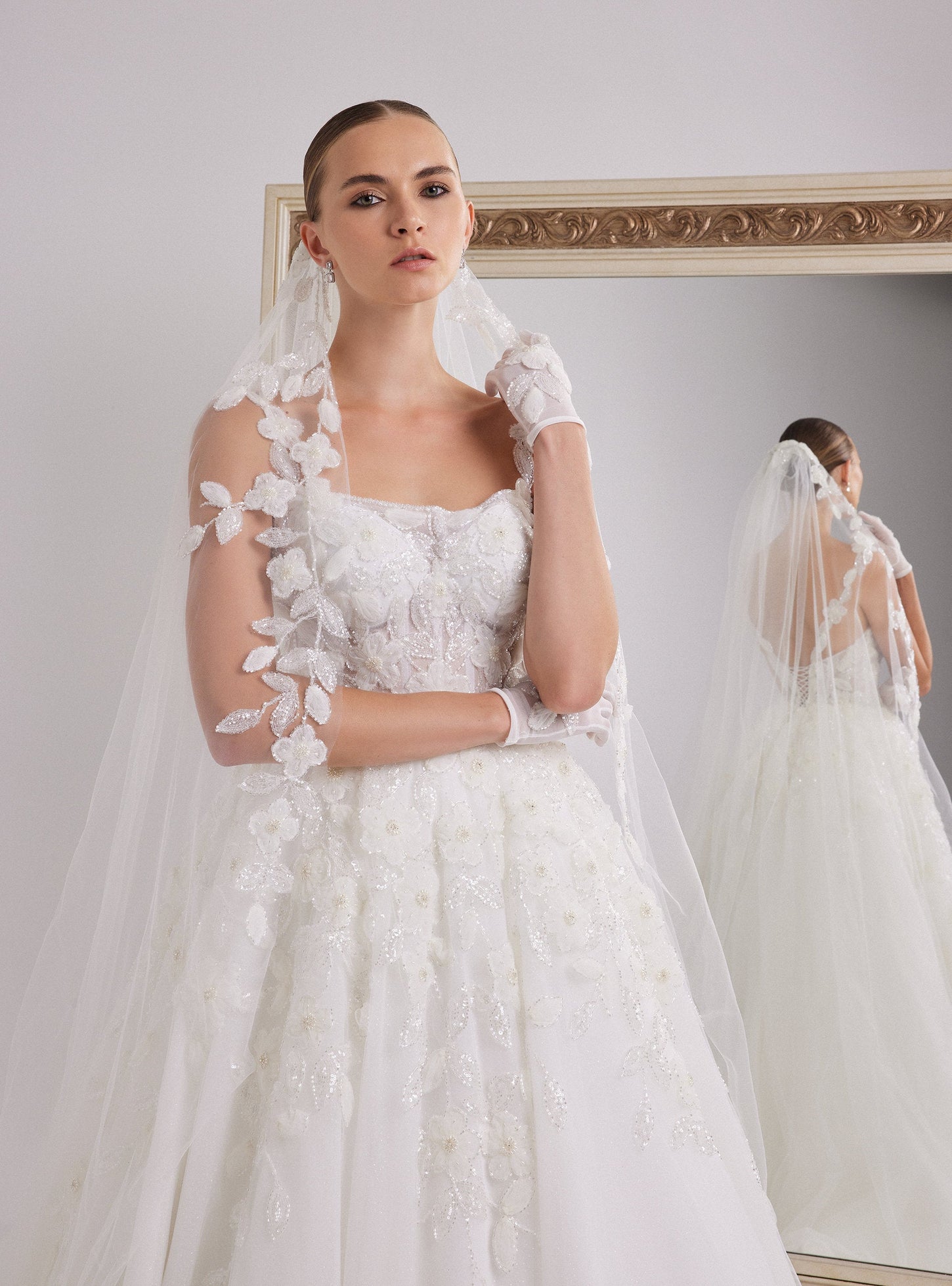 White A-line Wedding Dress with Sparkling Flower Design