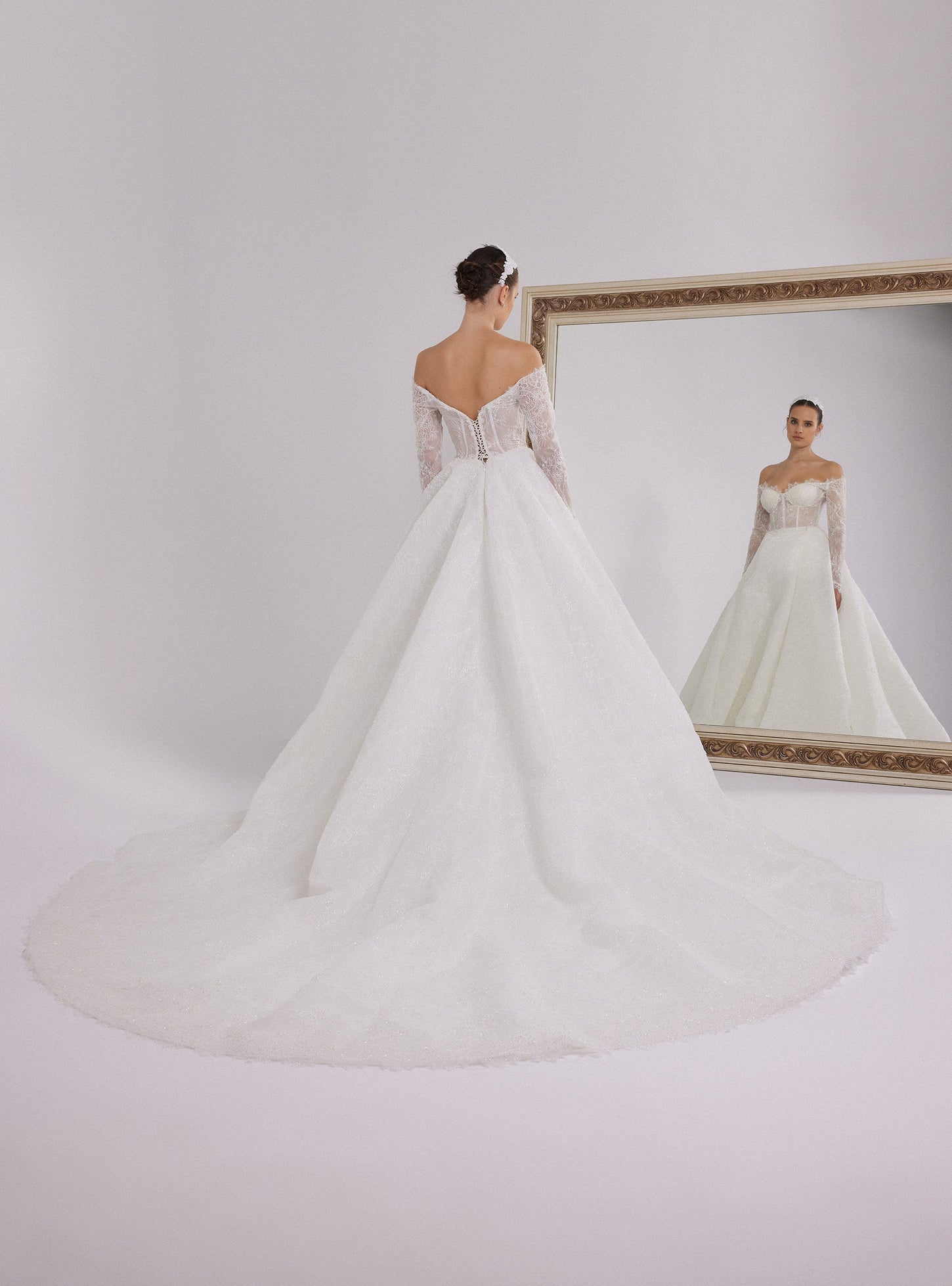 French Lace Designed White Ball Gown with Long Sleeves