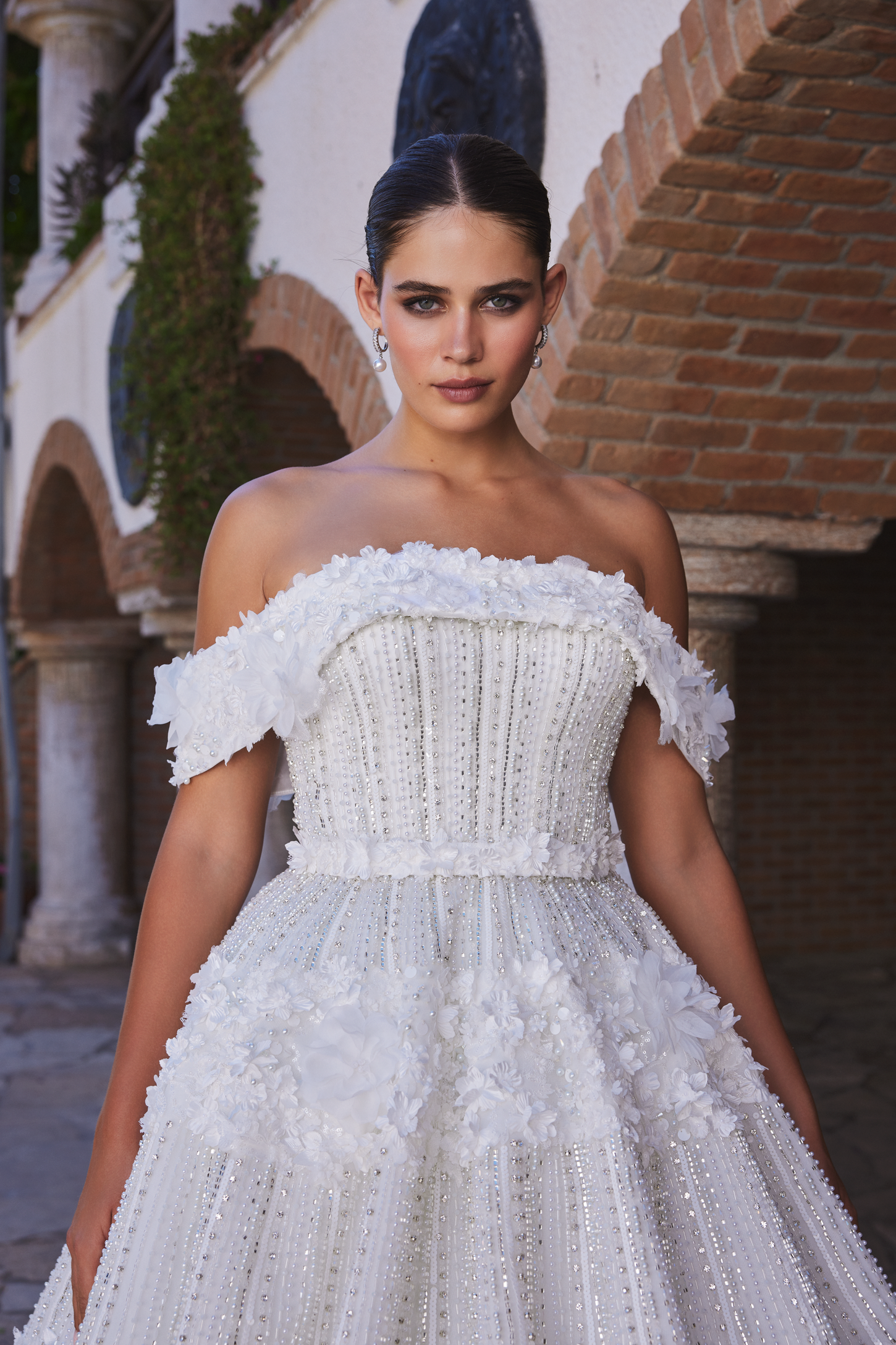 Off-the-Shoulder Ball Gown with 3D Floral Embroidery