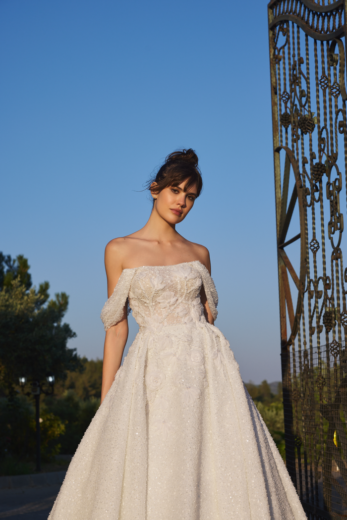 Shimmering Lace Bridal Gown with 3D Florals and Off-the-Shoulder Neckline