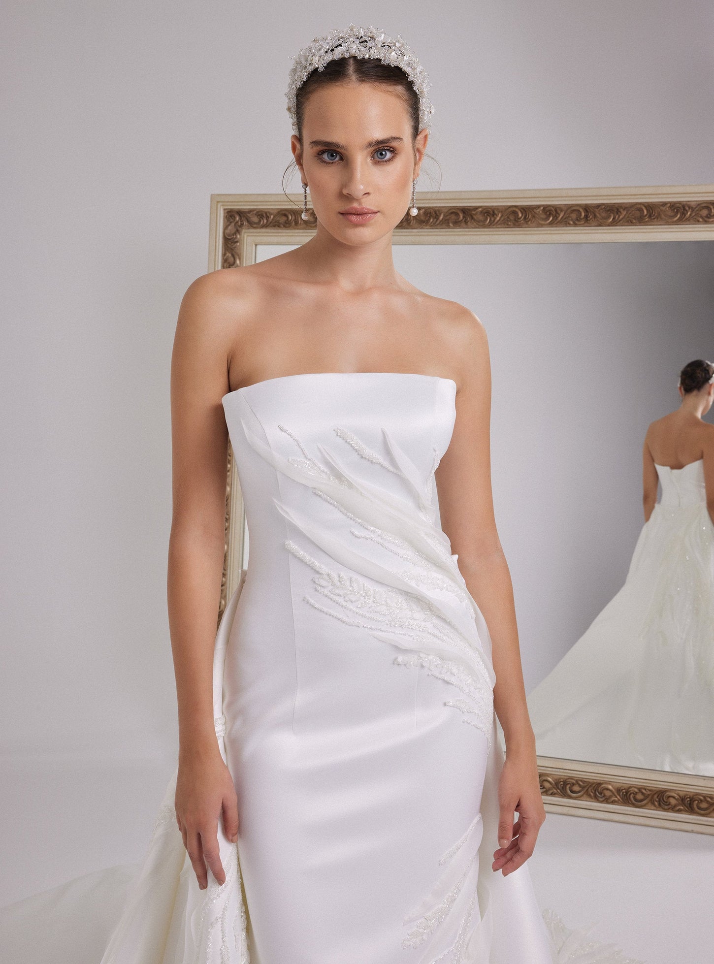 White Satin Wedding Dress With Asymmetrical Organza Design