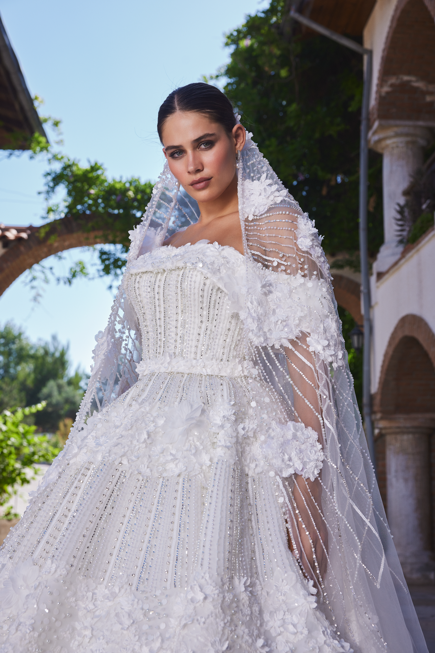 Off-the-Shoulder Ball Gown with 3D Floral Embroidery