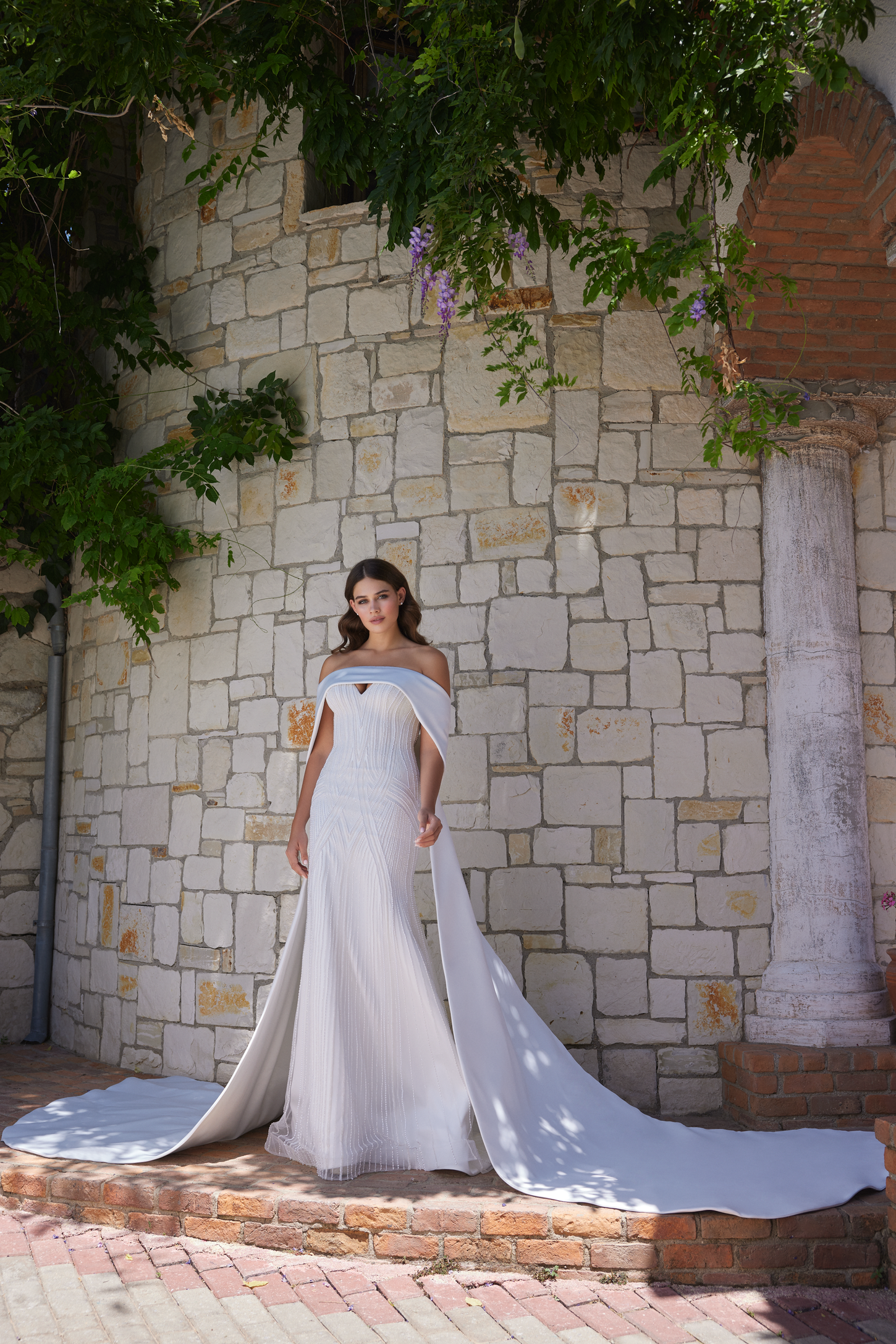 Pearl and Crystal Embroidered Mermaid Gown with Wearable Cape