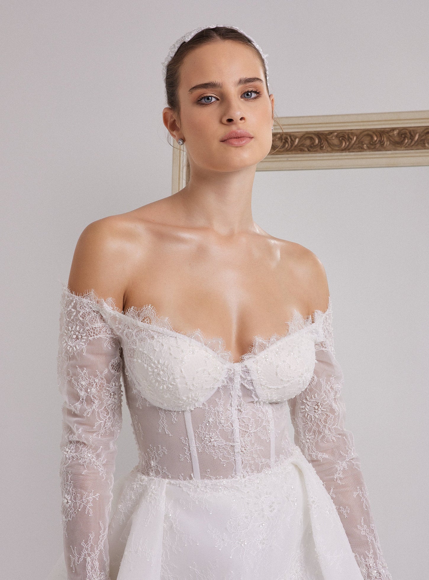 French Lace Designed White Ball Gown with Long Sleeves