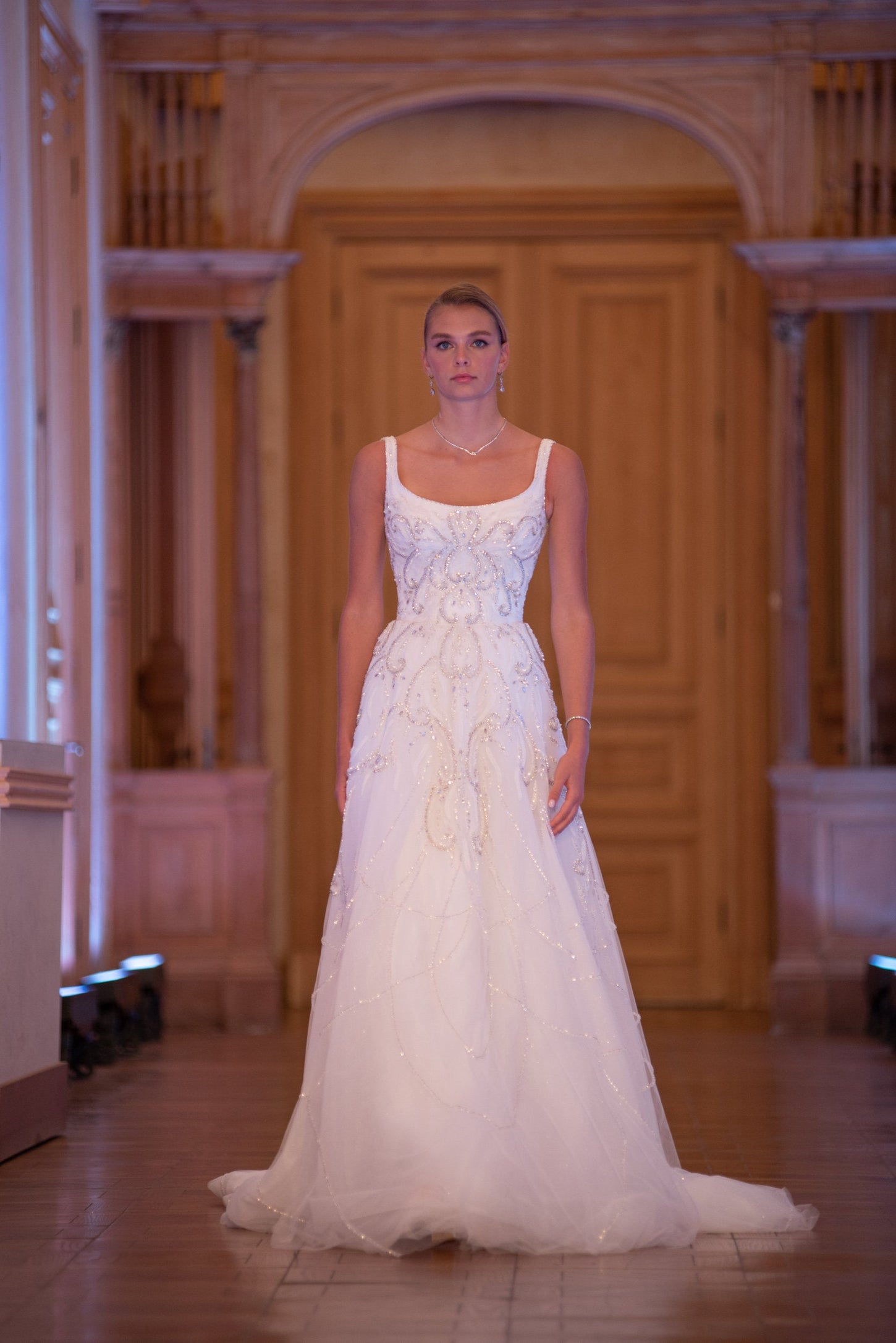 Chic Simplicity: Round Neck Bridal Dress with Crystals