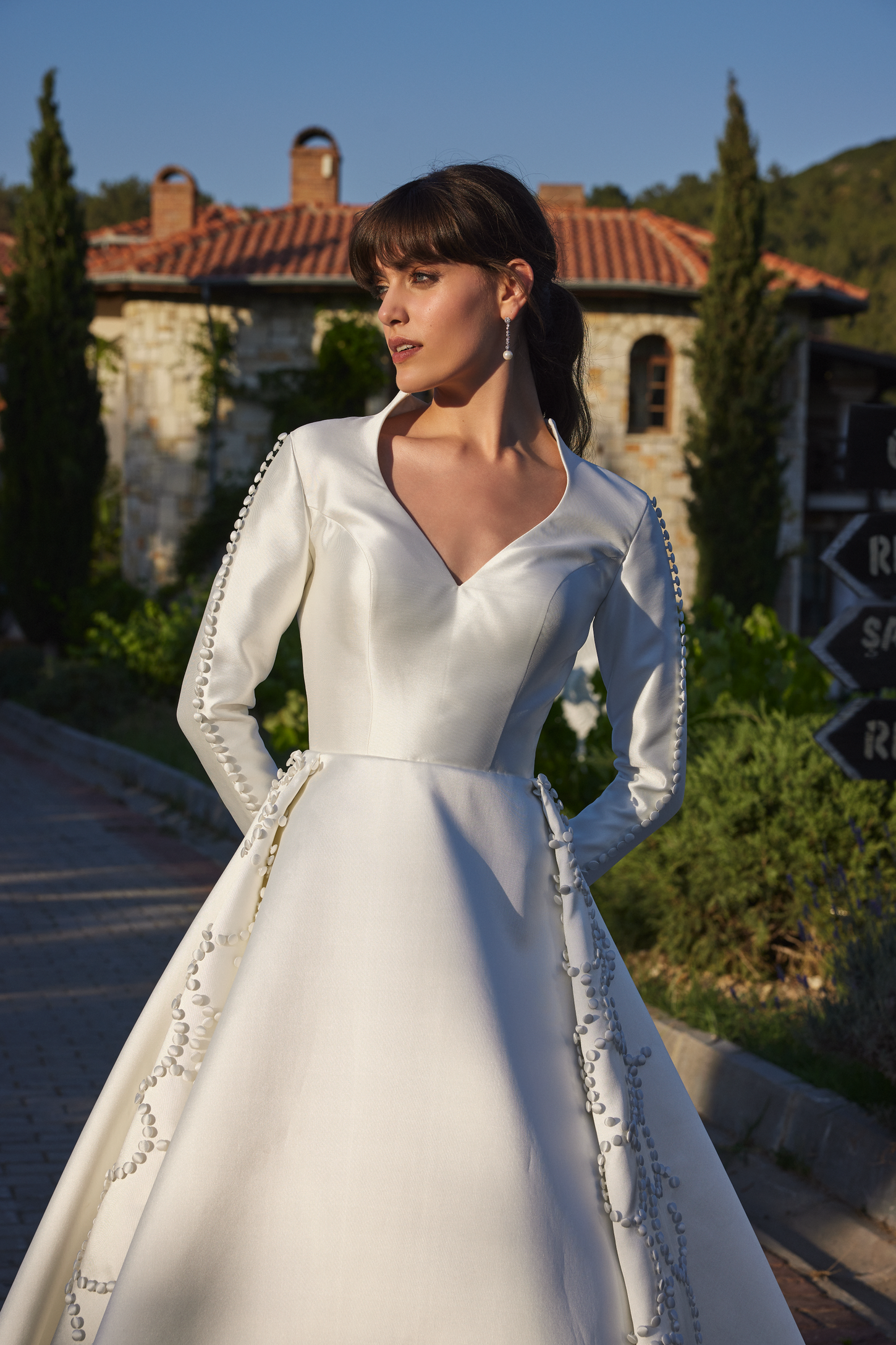 Satin Ball Gown with Hand-Sewn Design With Buttons