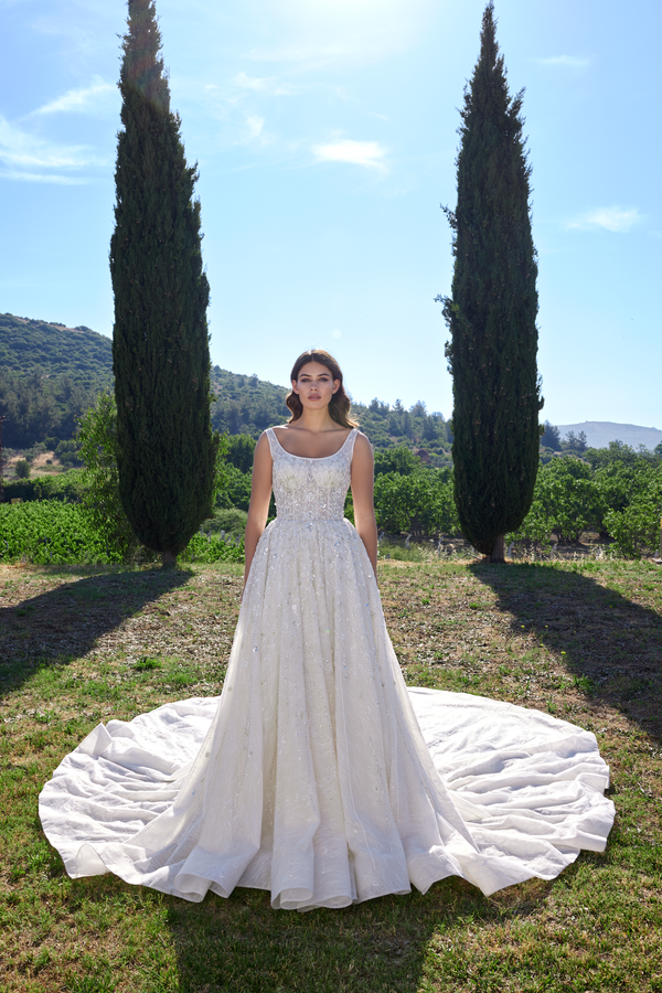 Shinny Floral Ball Gown with Scoop Neckline