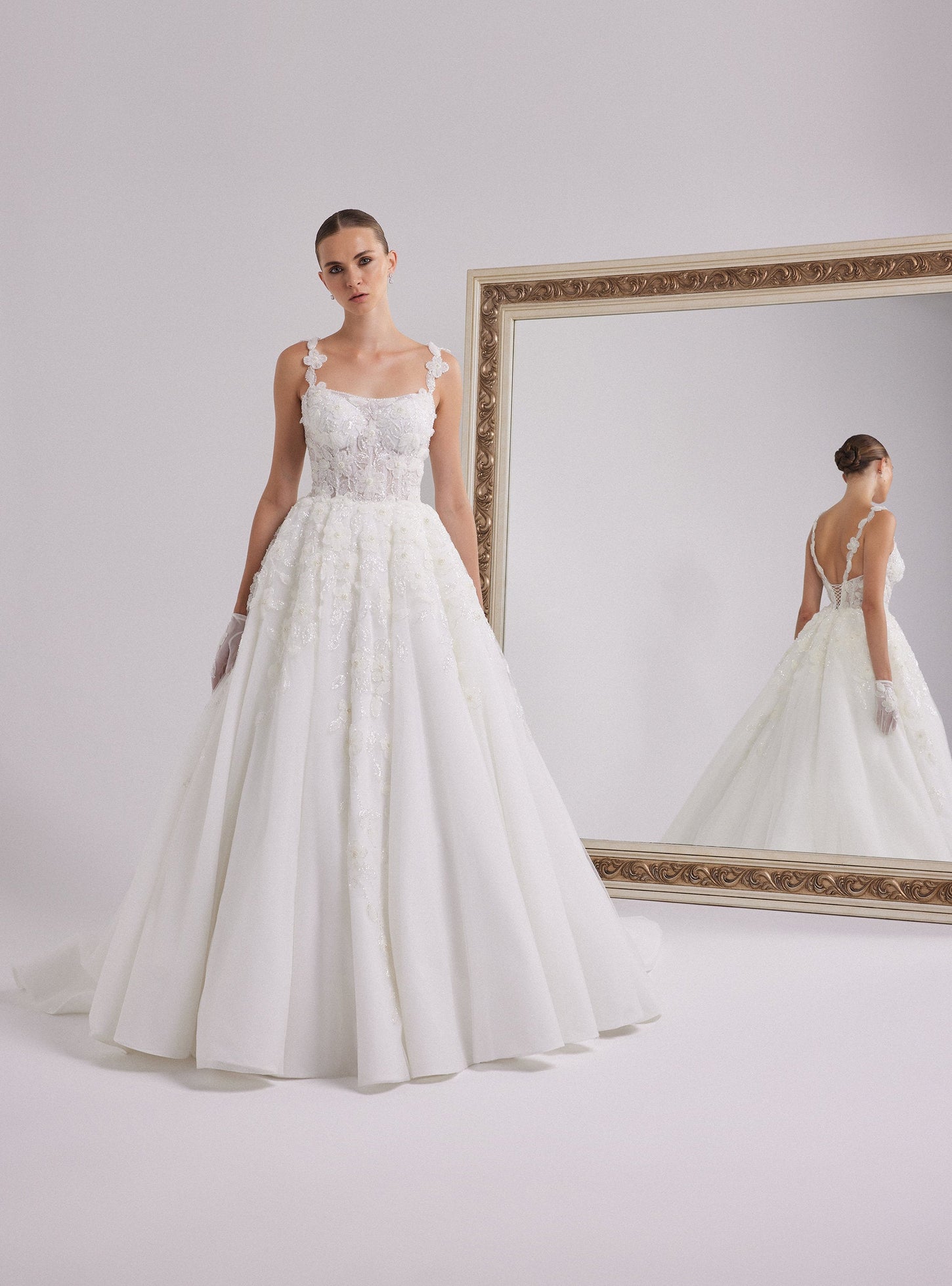 White A-line Wedding Dress with Sparkling Flower Design