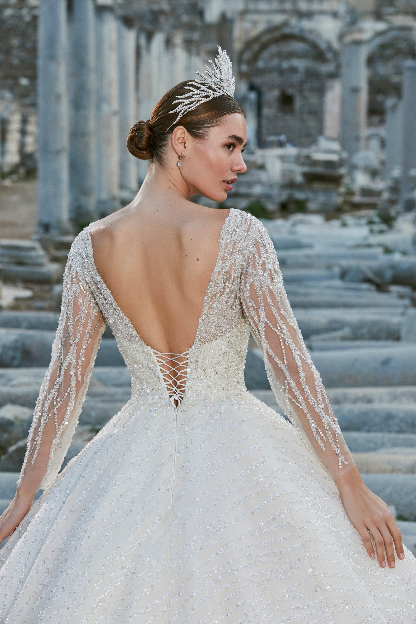 Graceful Crystal Vines: Illusion Sleeve Bridal Dress
