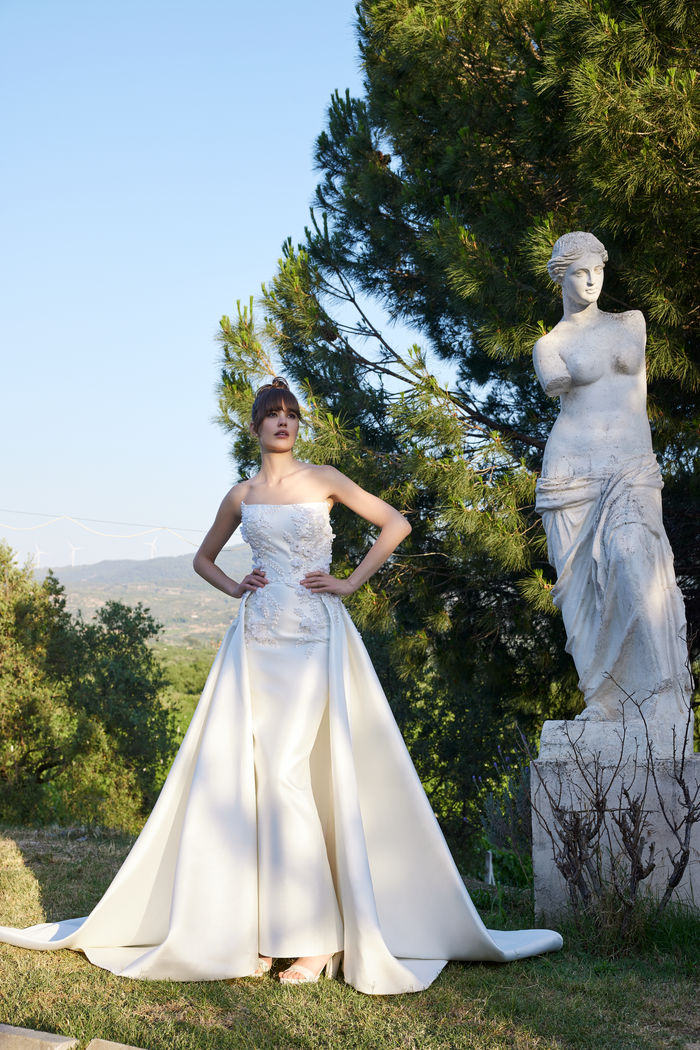 Satin Mermaid Dress with 3D Florals and Detachable Skirt
