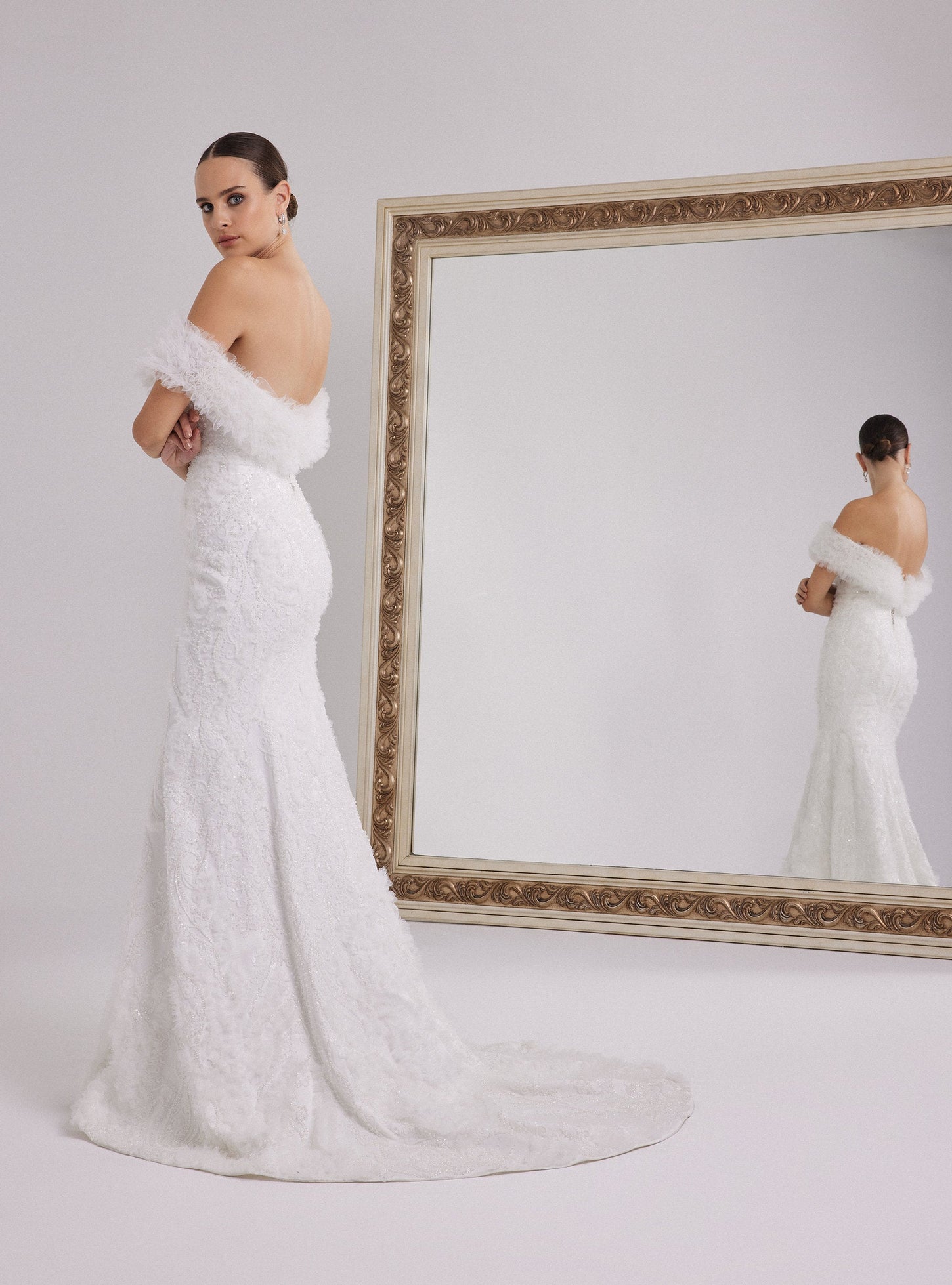 Off Shoulder Neckline White Lace Design Mermaid Wedding Dress