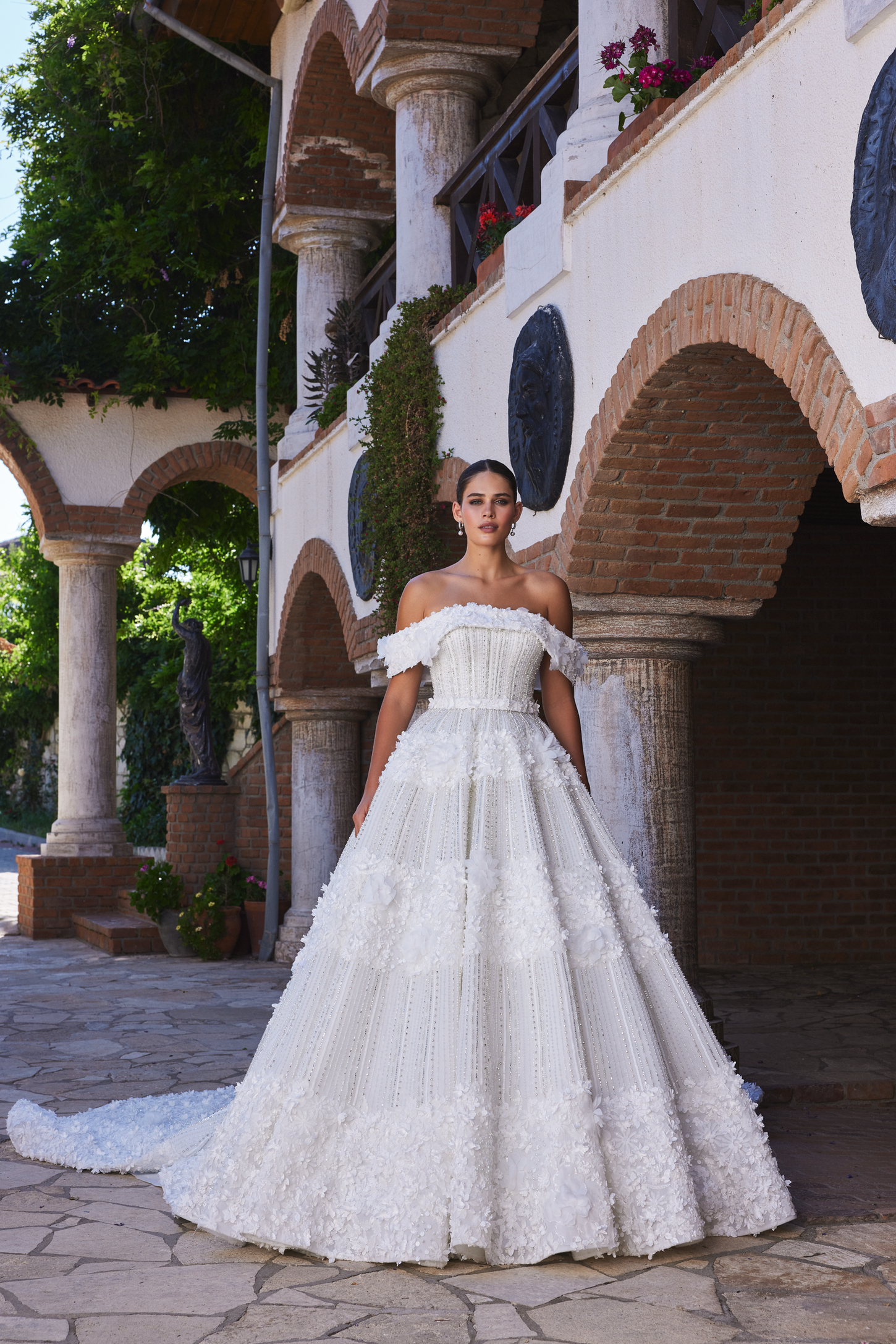 Off-the-Shoulder Ball Gown with 3D Floral Embroidery