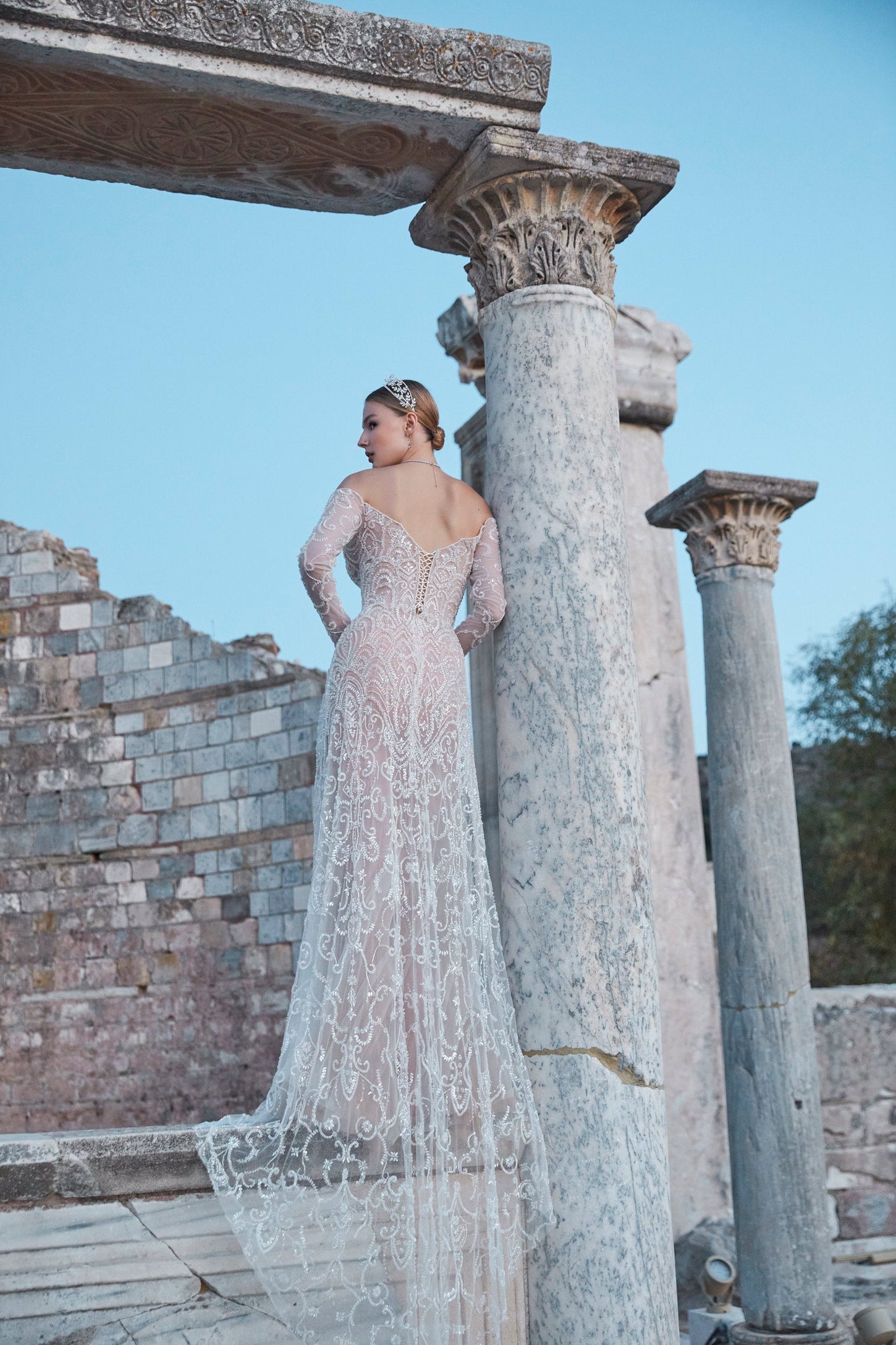 Ephemeral Grace: Hand-Embellished Nude Tulle Gown of Intrigue