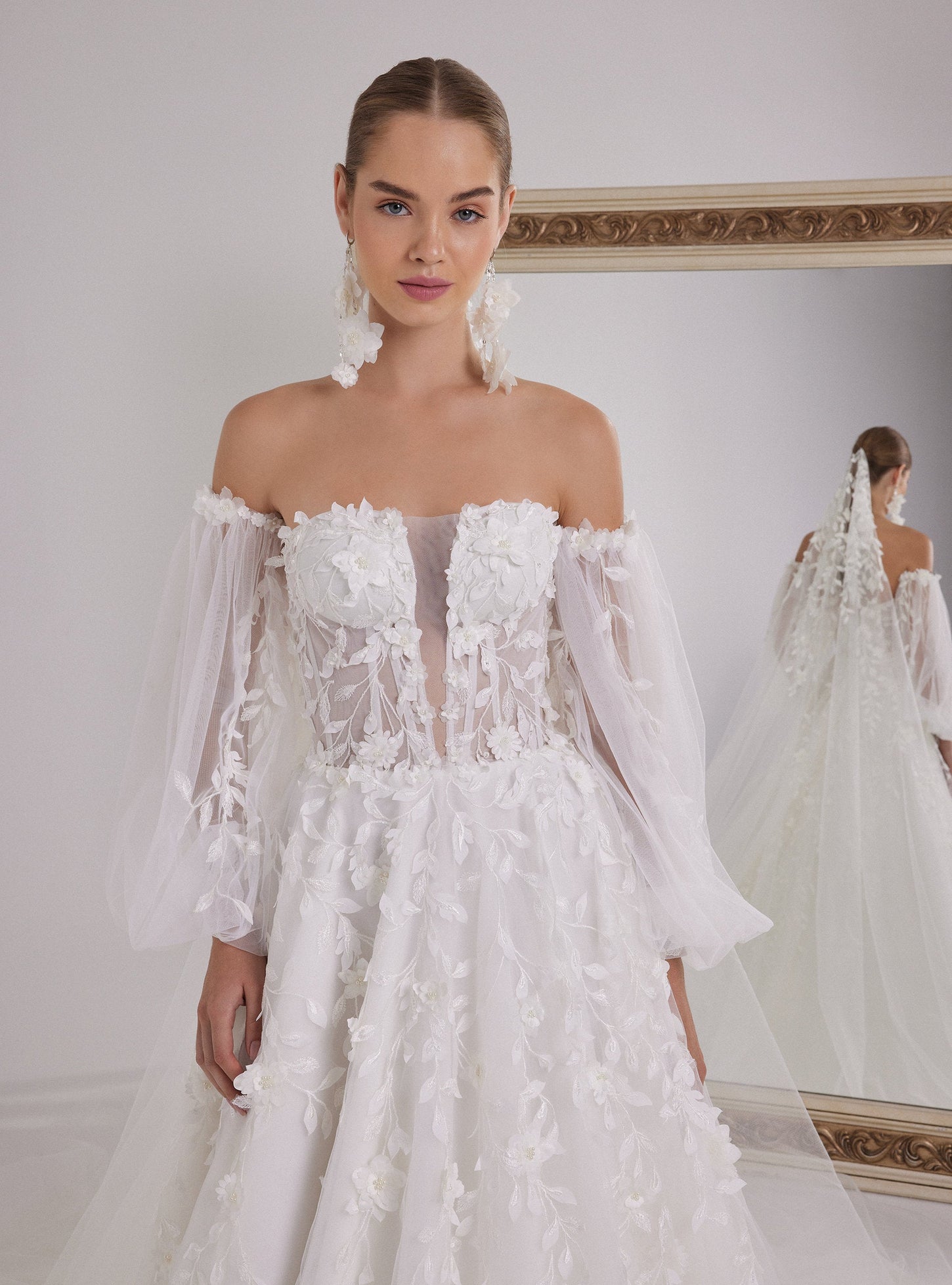 Romantic White A-Line Wedding Dress with 3D Flower Embellishments