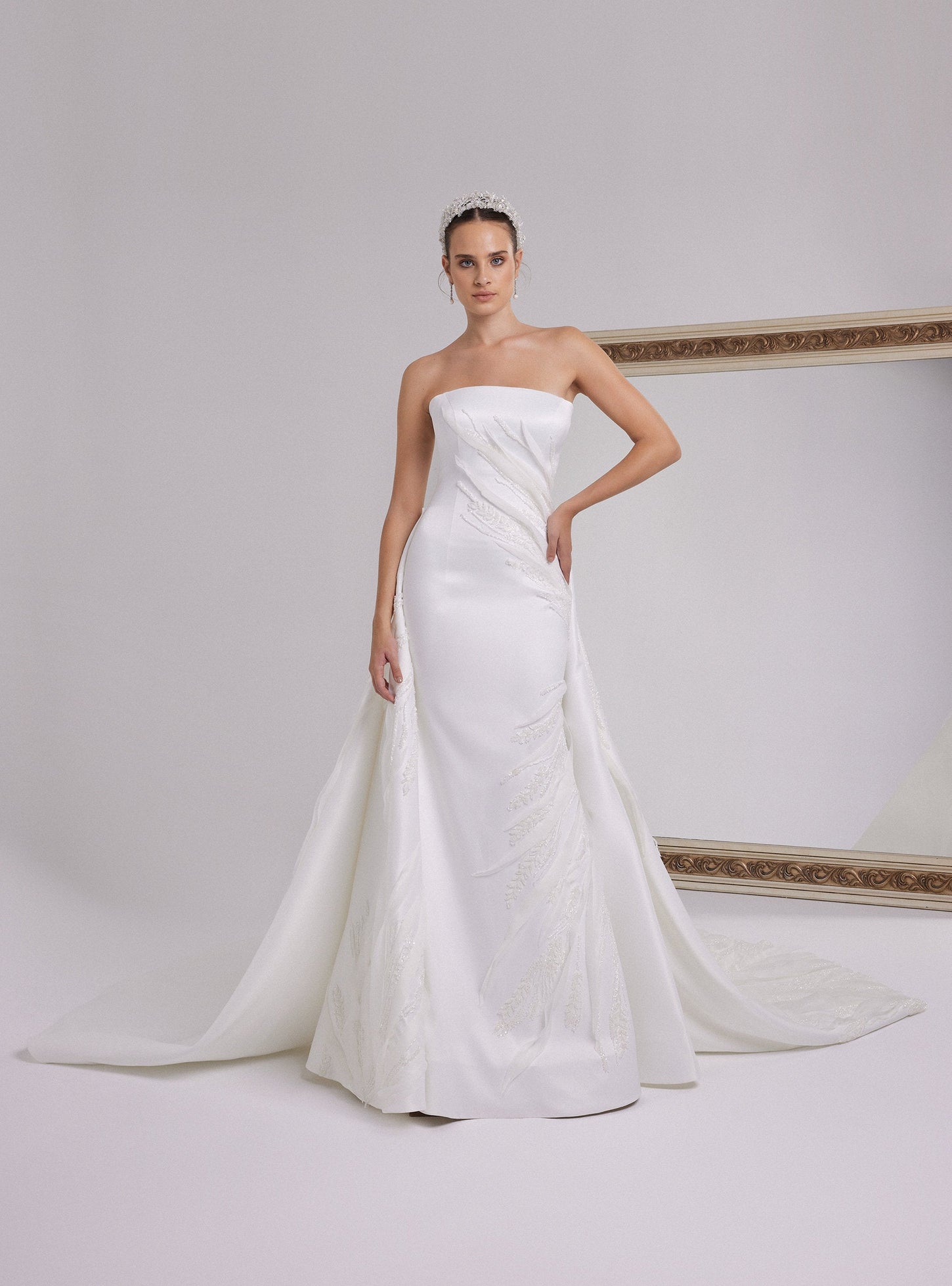 White Satin Wedding Dress With Asymmetrical Organza Design
