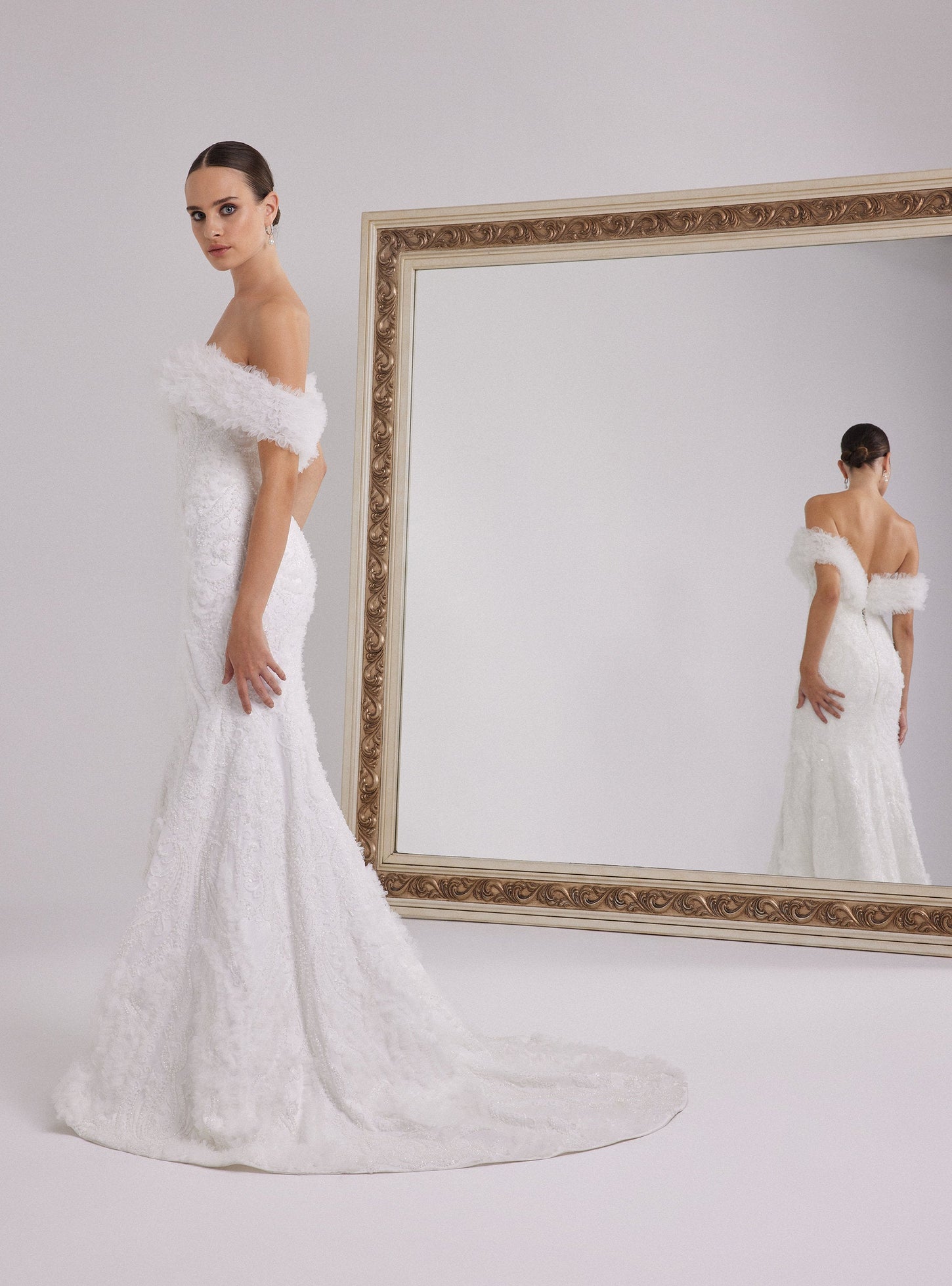 Off Shoulder Neckline White Lace Design Mermaid Wedding Dress