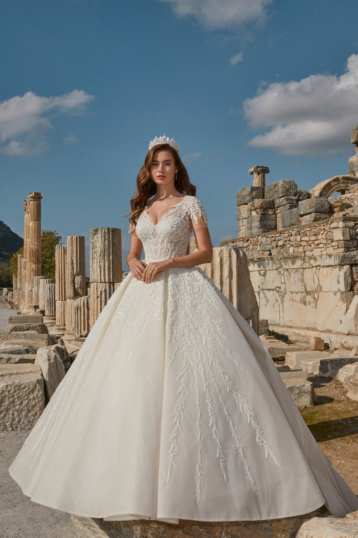 Contemporary Charm: Ivory Ball Gown with Illusion Back