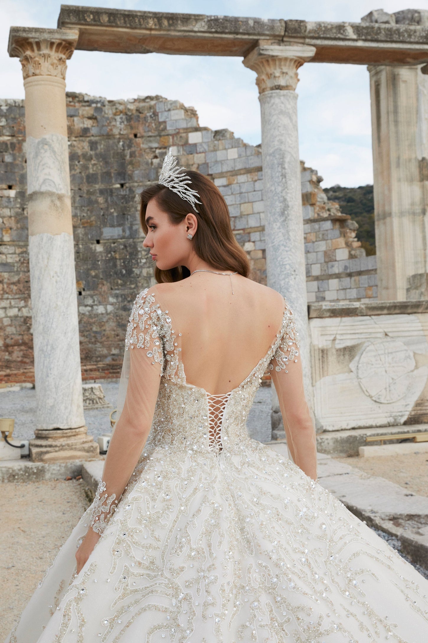Mesmerize in Beige: Princess Bridal Dress with Intricate Embroidery