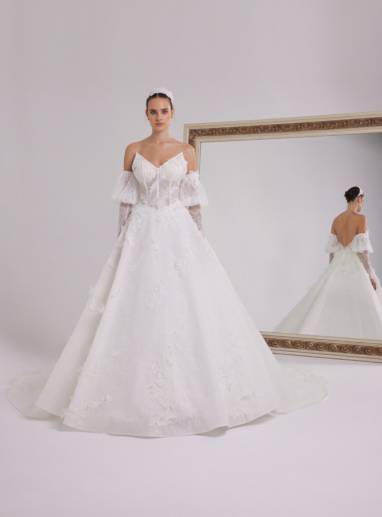 Romantic French Lace and 3D Organza Floral Princess Wedding Dress