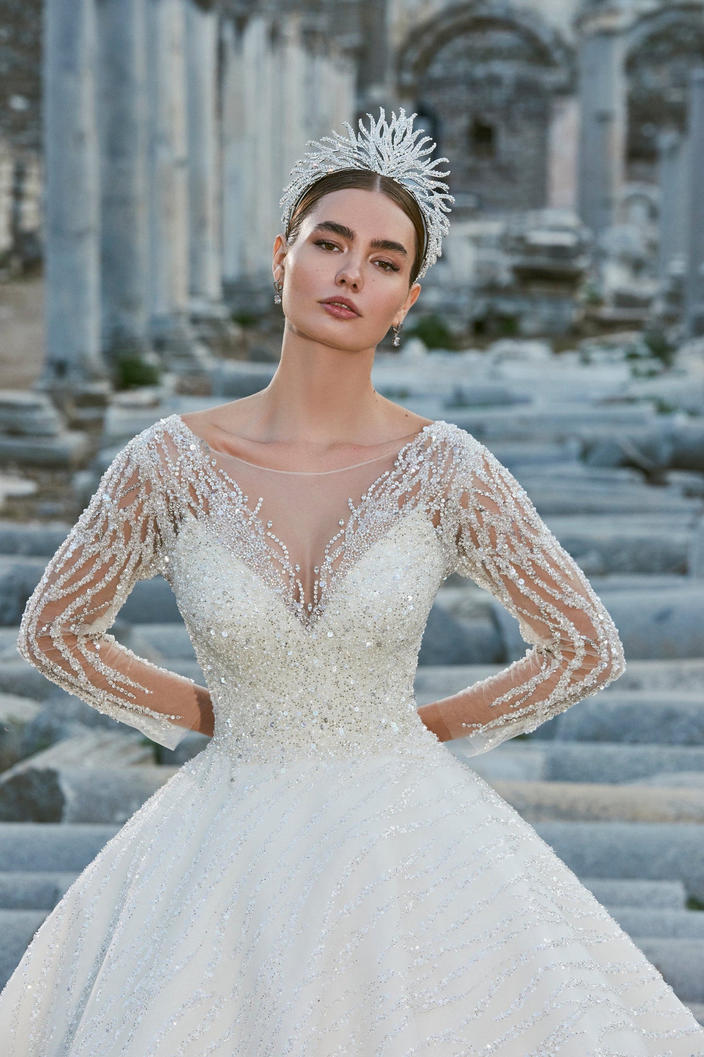 Graceful Crystal Vines: Illusion Sleeve Bridal Dress