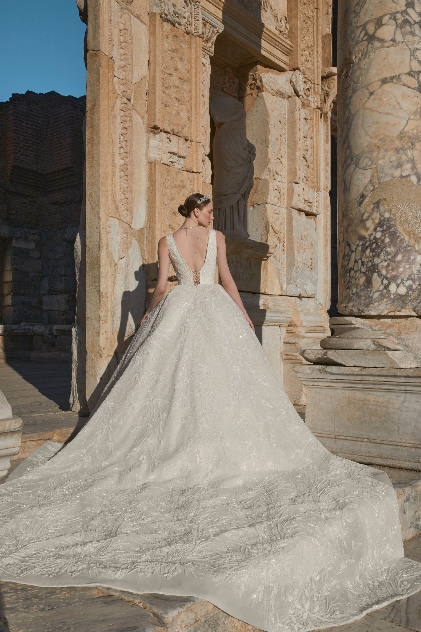 Blossom Beauty: Floral Bridal Dress with Plunging Neckline