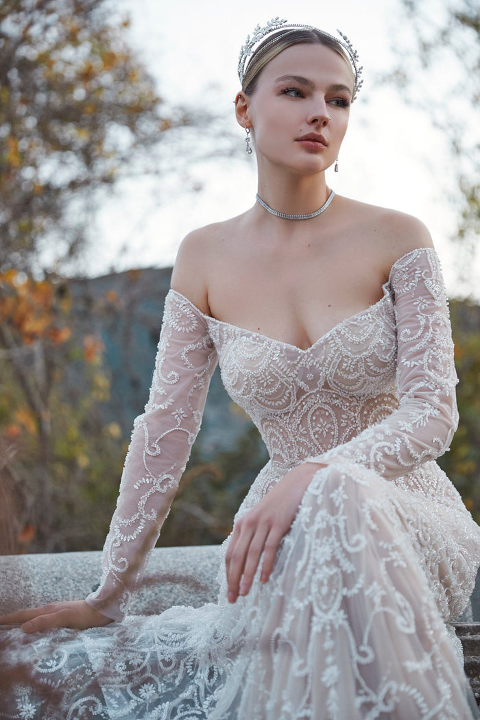 Ephemeral Grace: Hand-Embellished Nude Tulle Gown of Intrigue