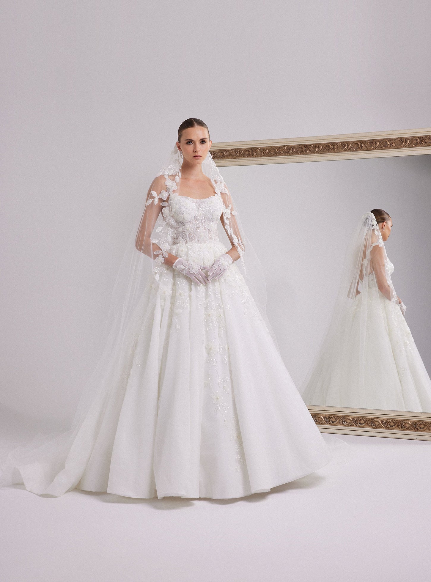 White A-line Wedding Dress with Sparkling Flower Design