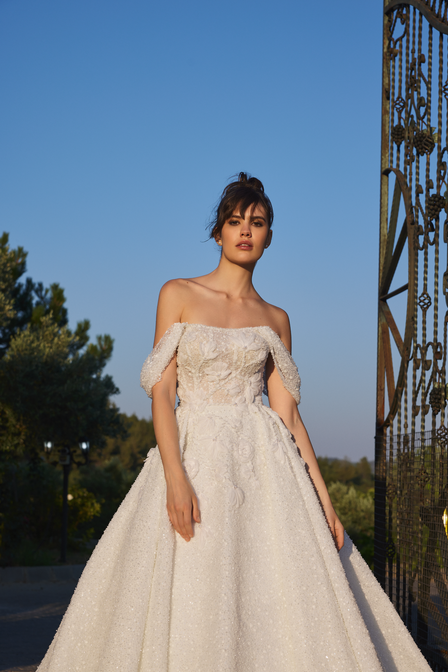 Shimmering Lace Bridal Gown with 3D Florals and Off-the-Shoulder Neckline