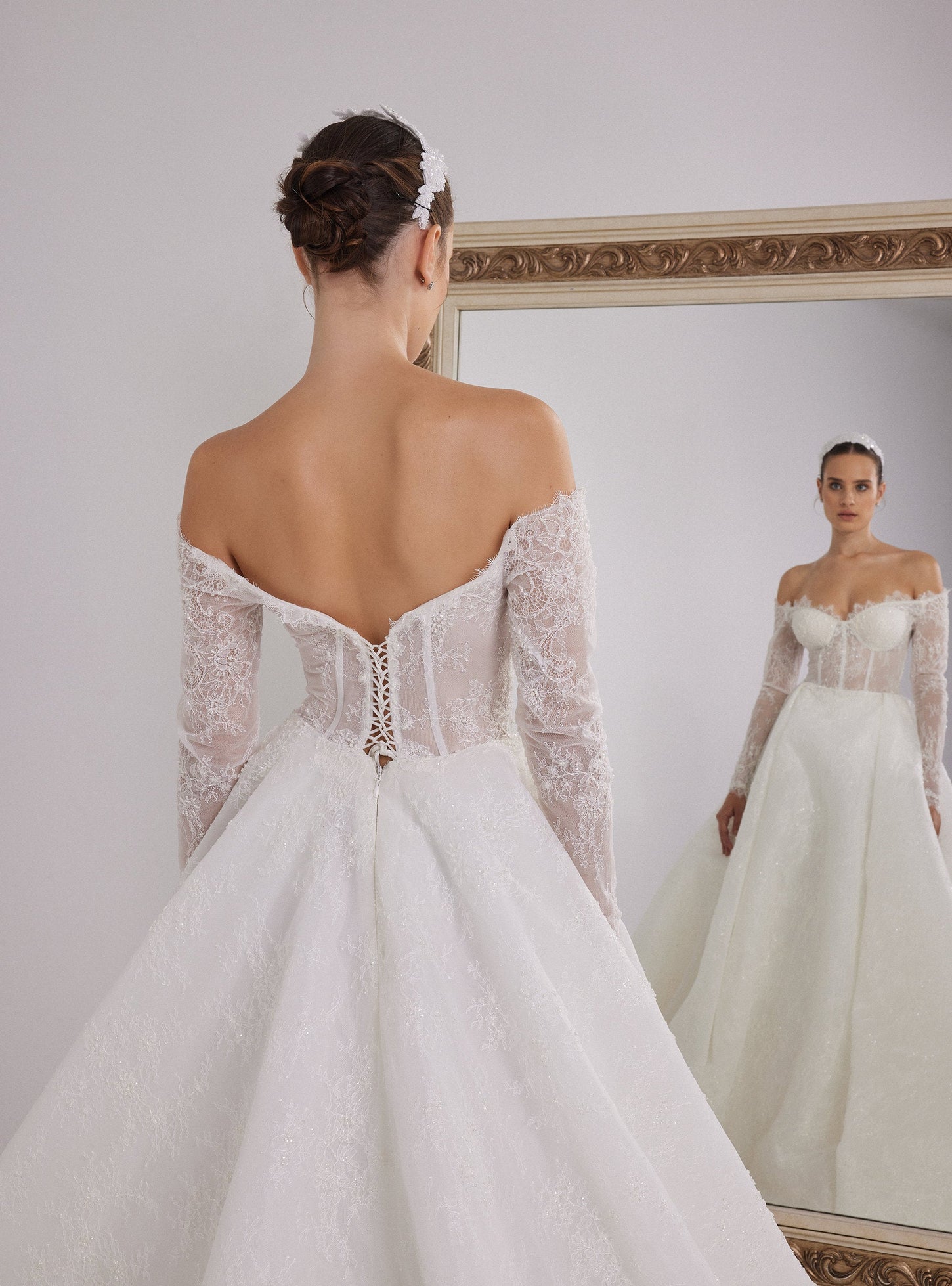French Lace Designed White Ball Gown with Long Sleeves