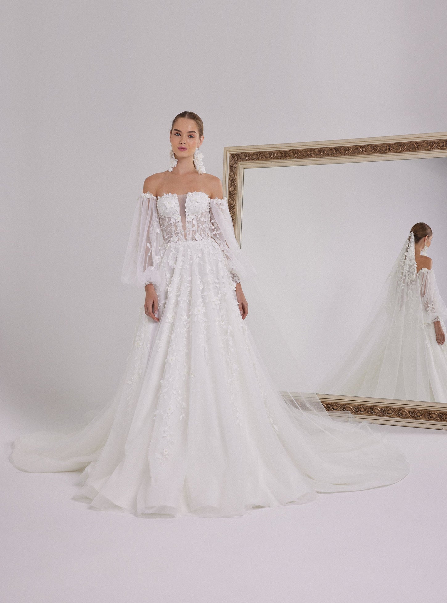 Romantic White A-Line Wedding Dress with 3D Flower Embellishments
