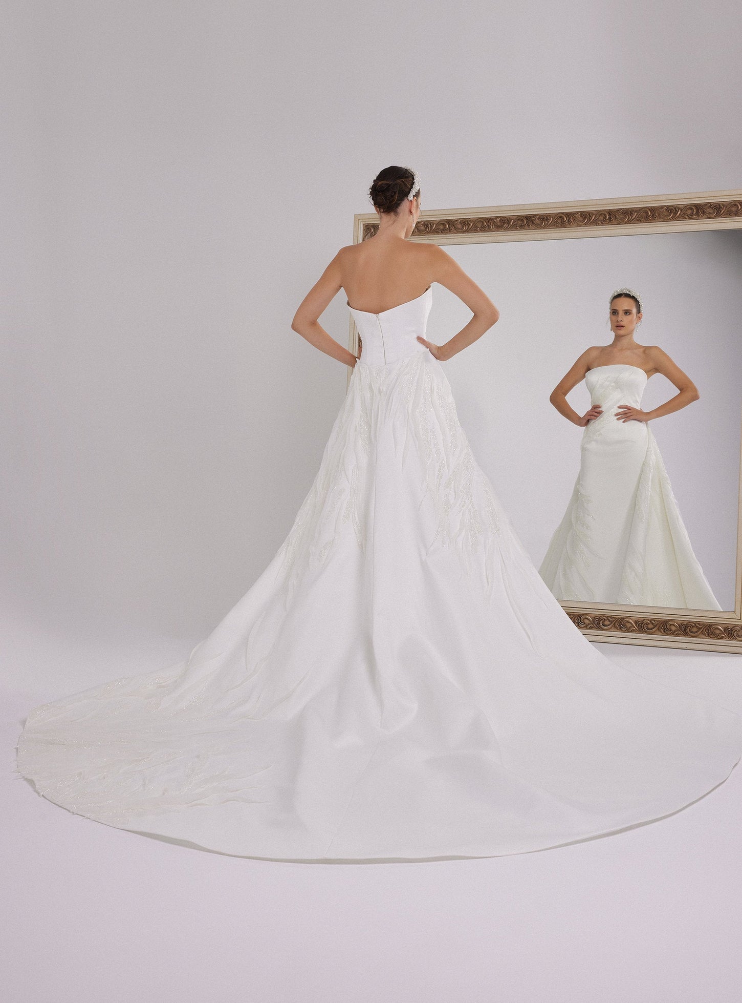 White Satin Wedding Dress With Asymmetrical Organza Design