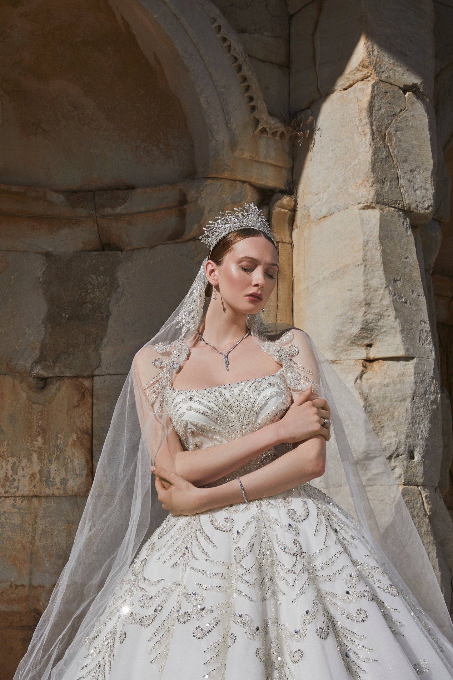 Ephesus Dream: Ethereal Crystal-Adorned Bridal Gown