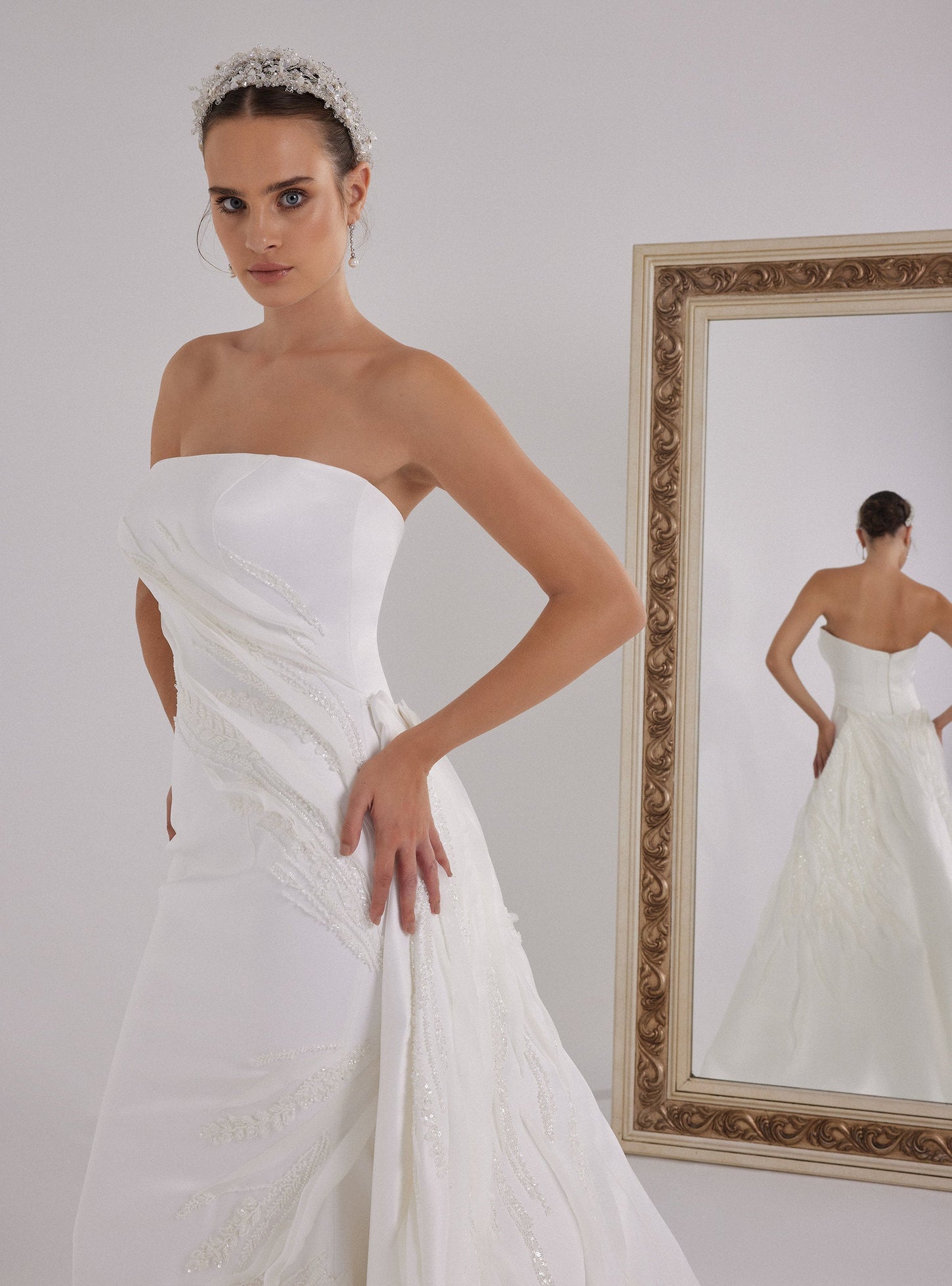 White Satin Wedding Dress With Asymmetrical Organza Design