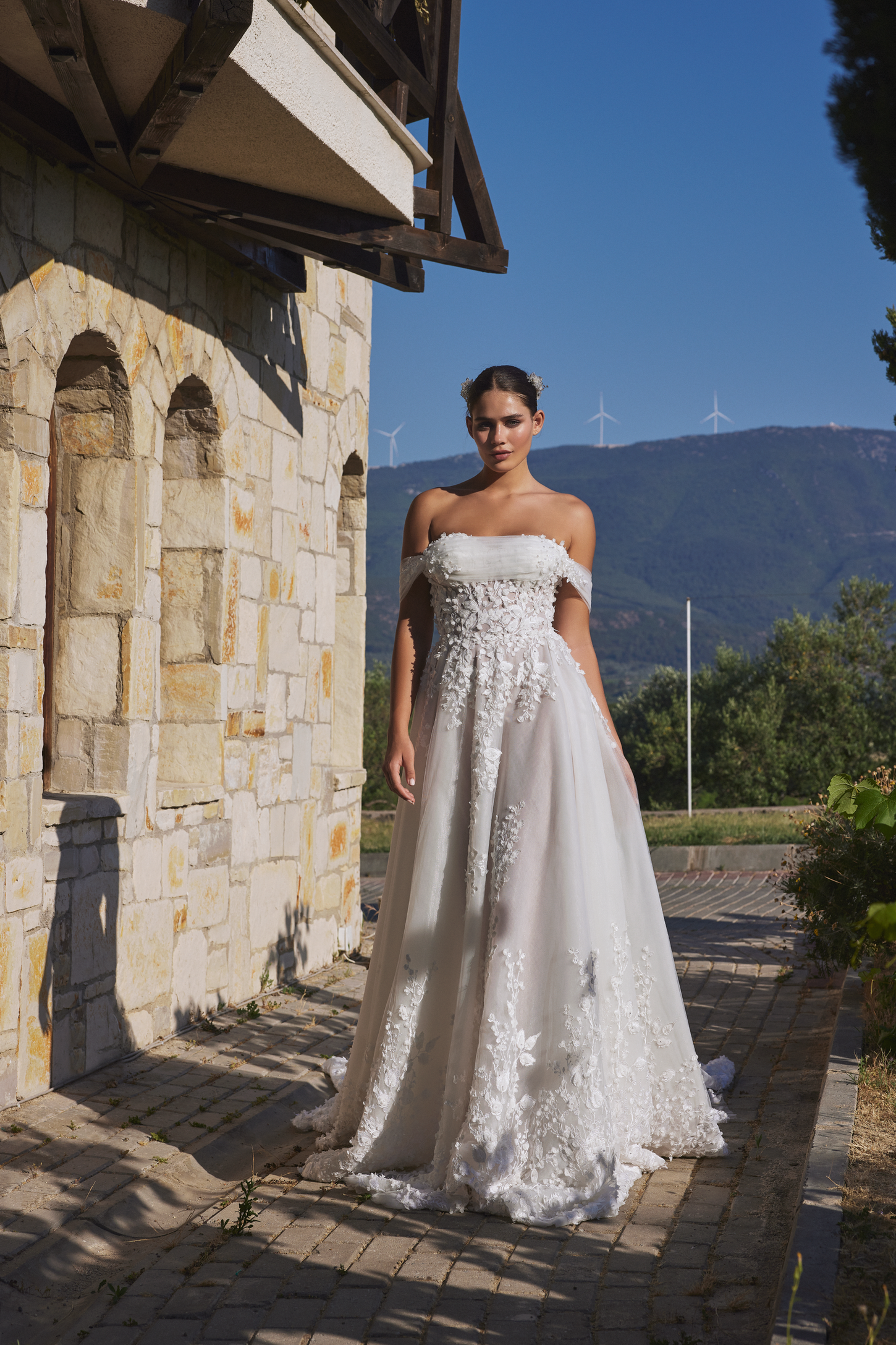 Romantic silhouette A-Line Gown with Off-the-Shoulder Neckline