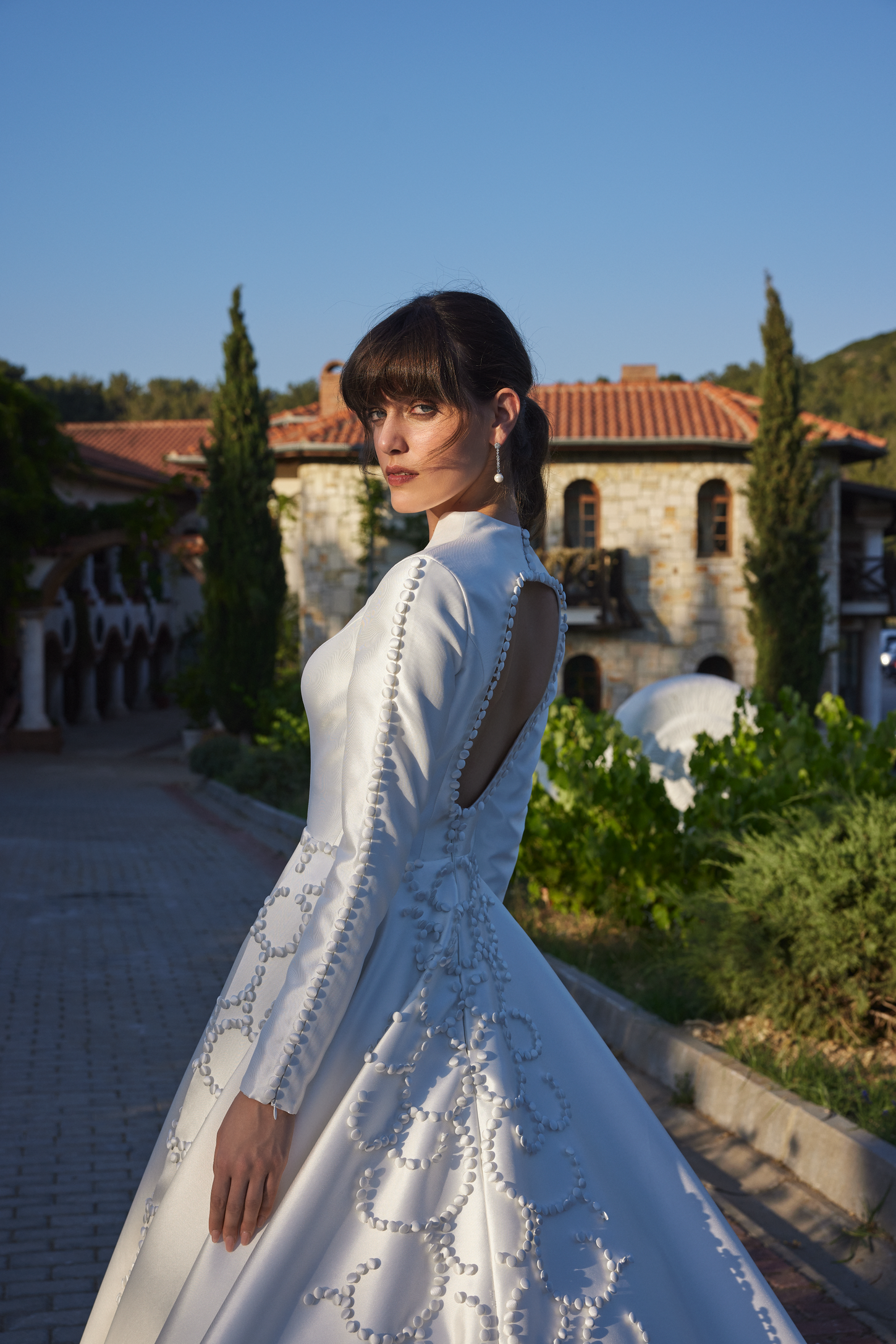 Satin Ball Gown with Hand-Sewn Design With Buttons