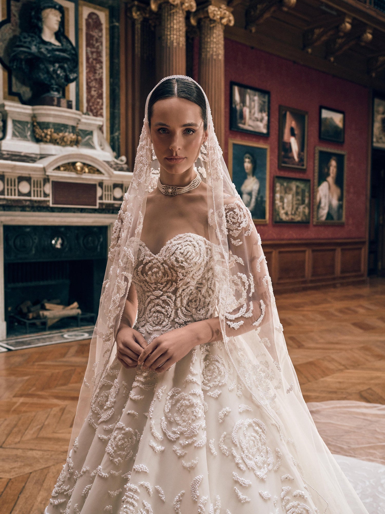 Sweetheart neckline pearl-embroidered princess ball gown wedding dress with matching embroidered long veil – Imperia bridal collection
