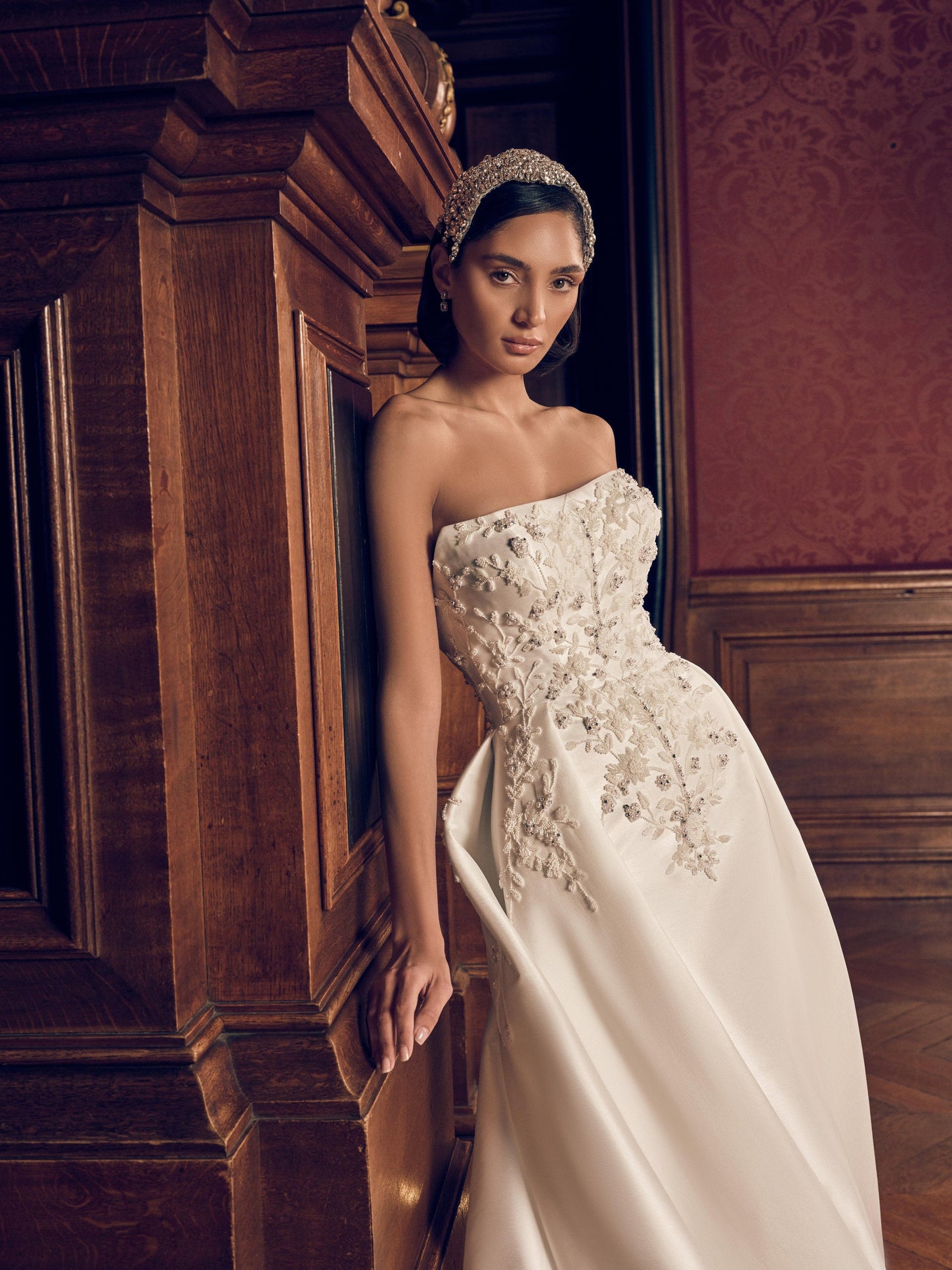 Strapless white satin mermaid wedding dress with crystal floral embroidery and detachable overskirt – Imperia bridal collection