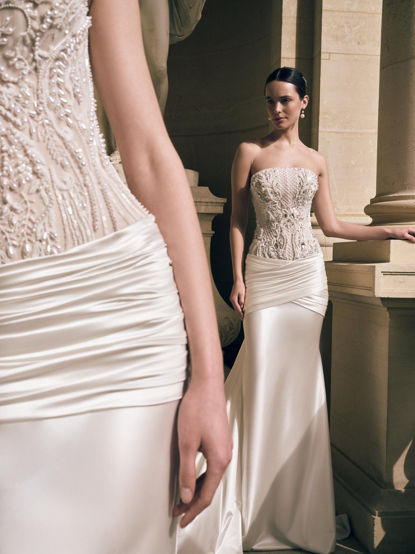Strapless mermaid wedding dress with beaded corset bodice and draped satin skirt – Imperia bridal collection