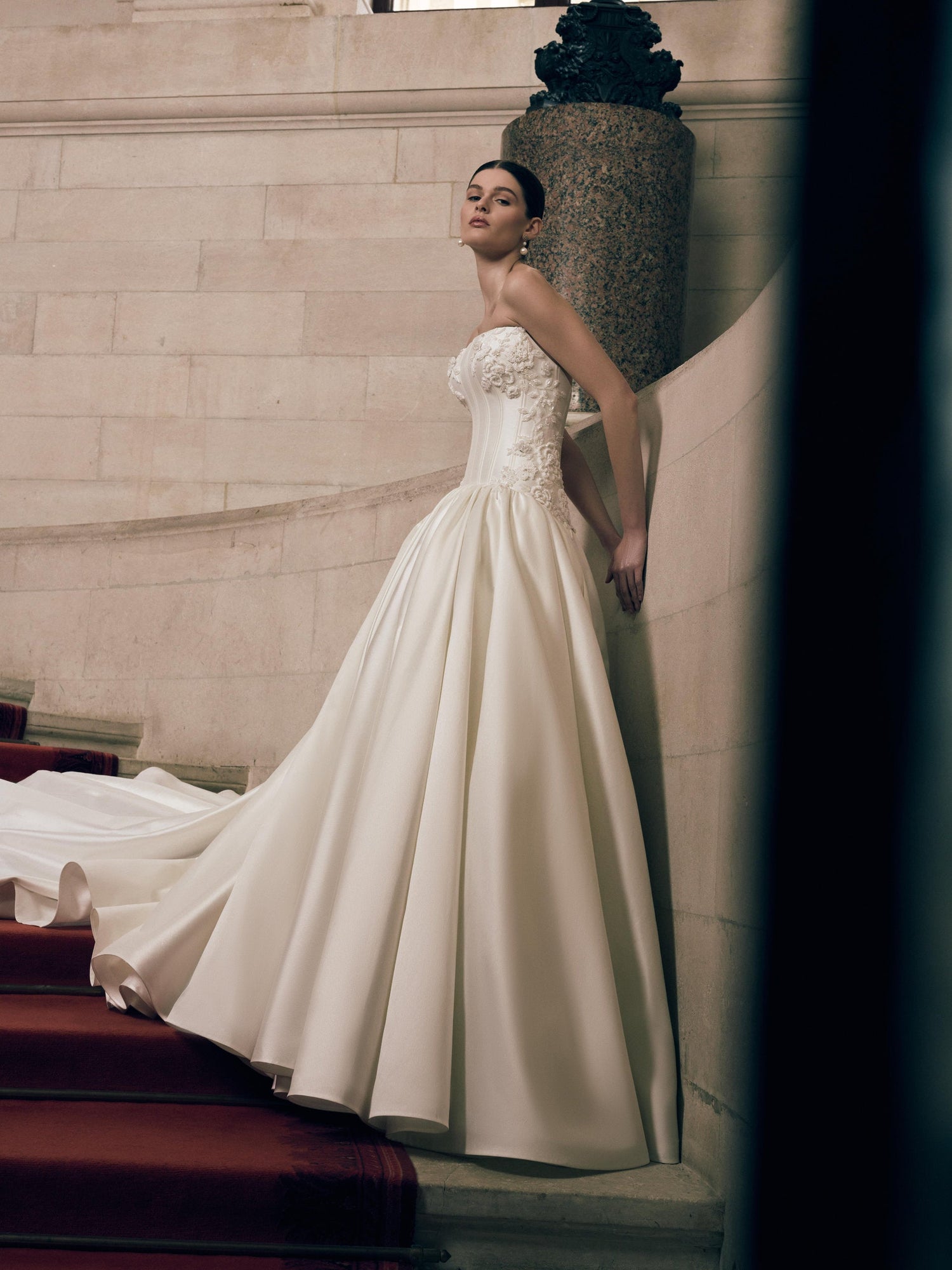 Strapless satin ball gown wedding dress with corset bodice, hand embroidered floral waist detail and long train – luxury satin bridal gown Imperia collection