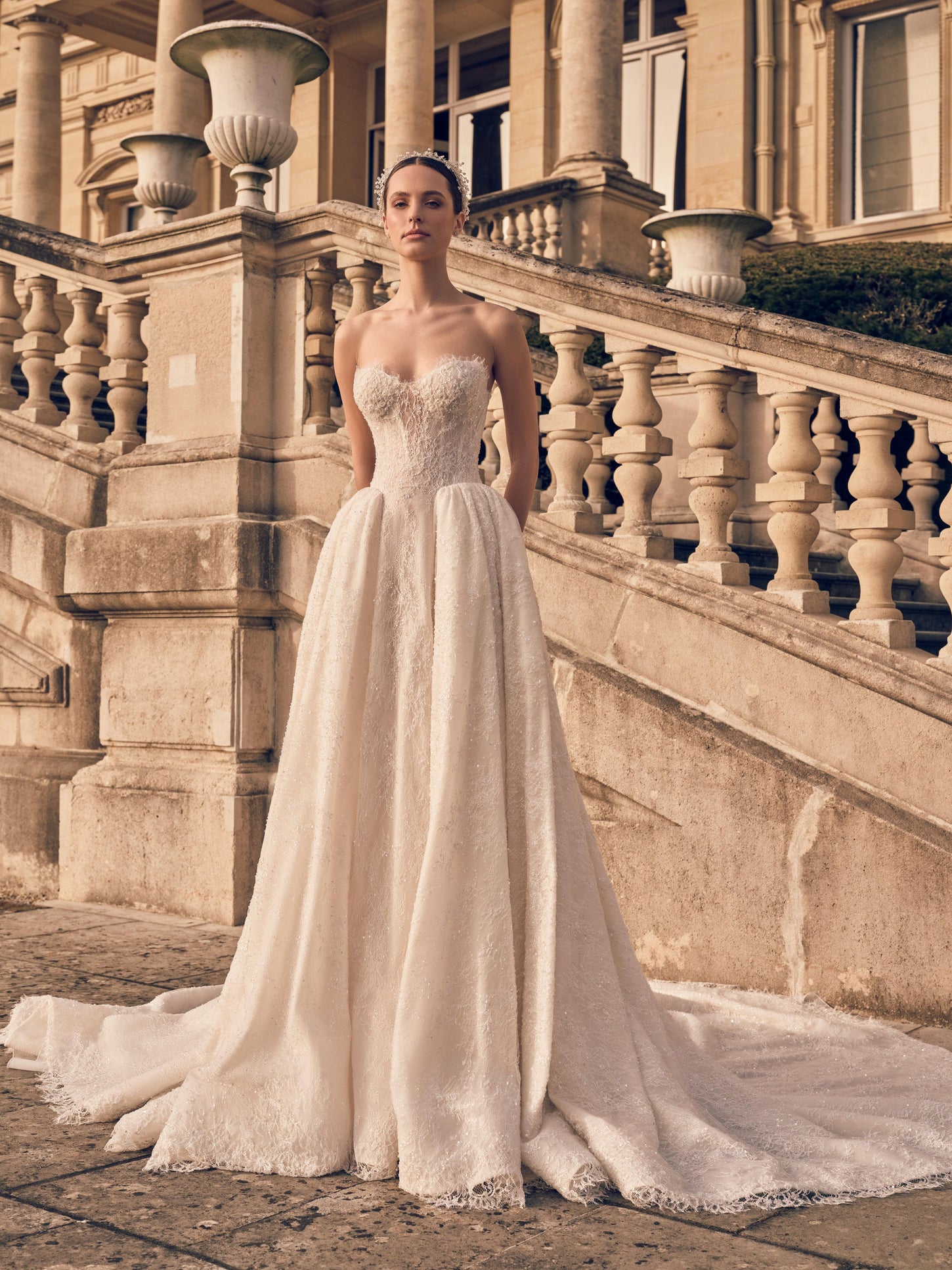 Nude French lace ball gown wedding dress with cathedral train – Imperia bridal collection