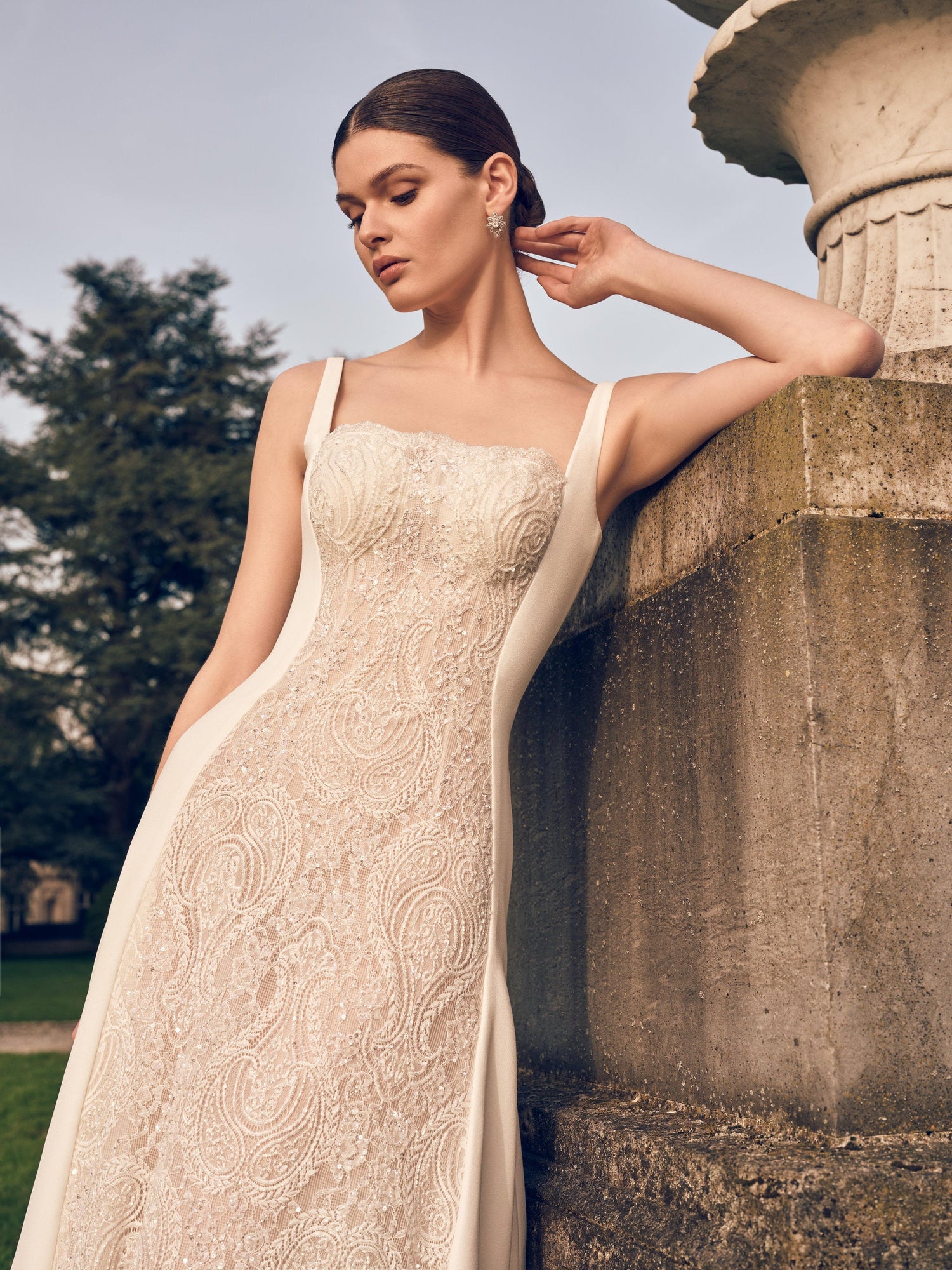 Straight neckline Chantilly lace A-line wedding dress with straps and satin side panels – Imperia bridal collection